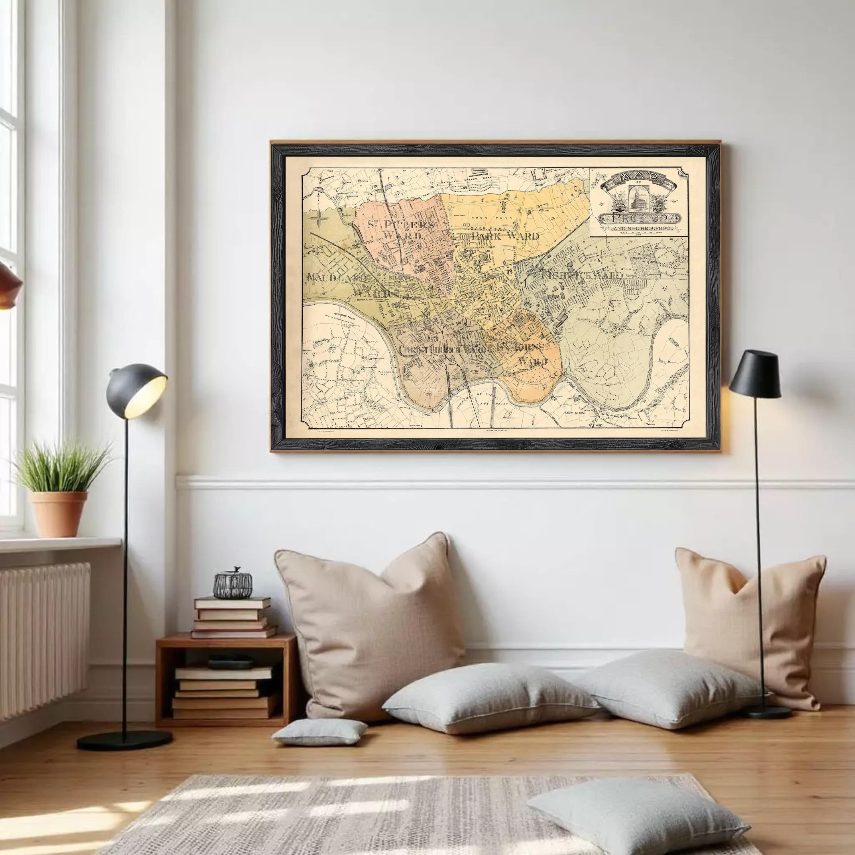 The image is a framed vintage map of a city, depicting various landmarks and streets.
