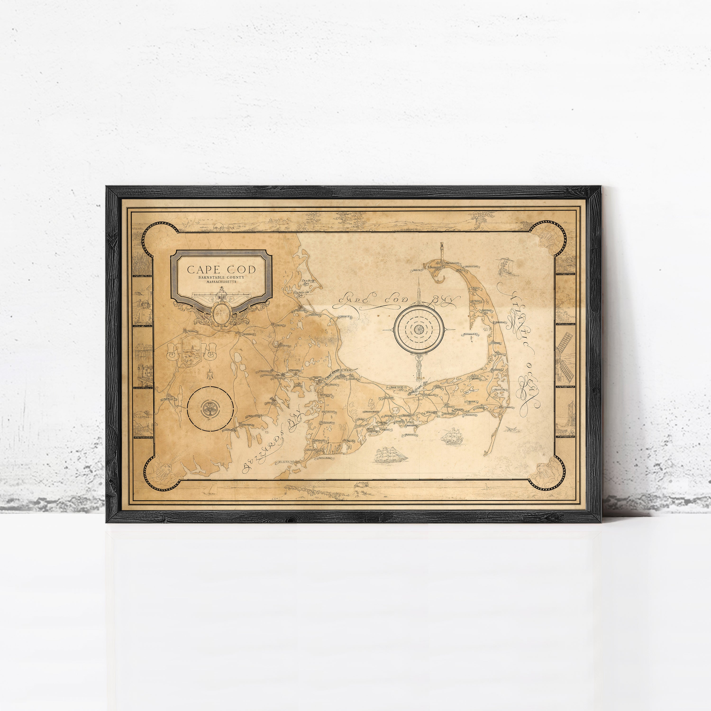 The image is a framed antique map of Cape Cod, Massachusetts, depicting the area in a vintage style.