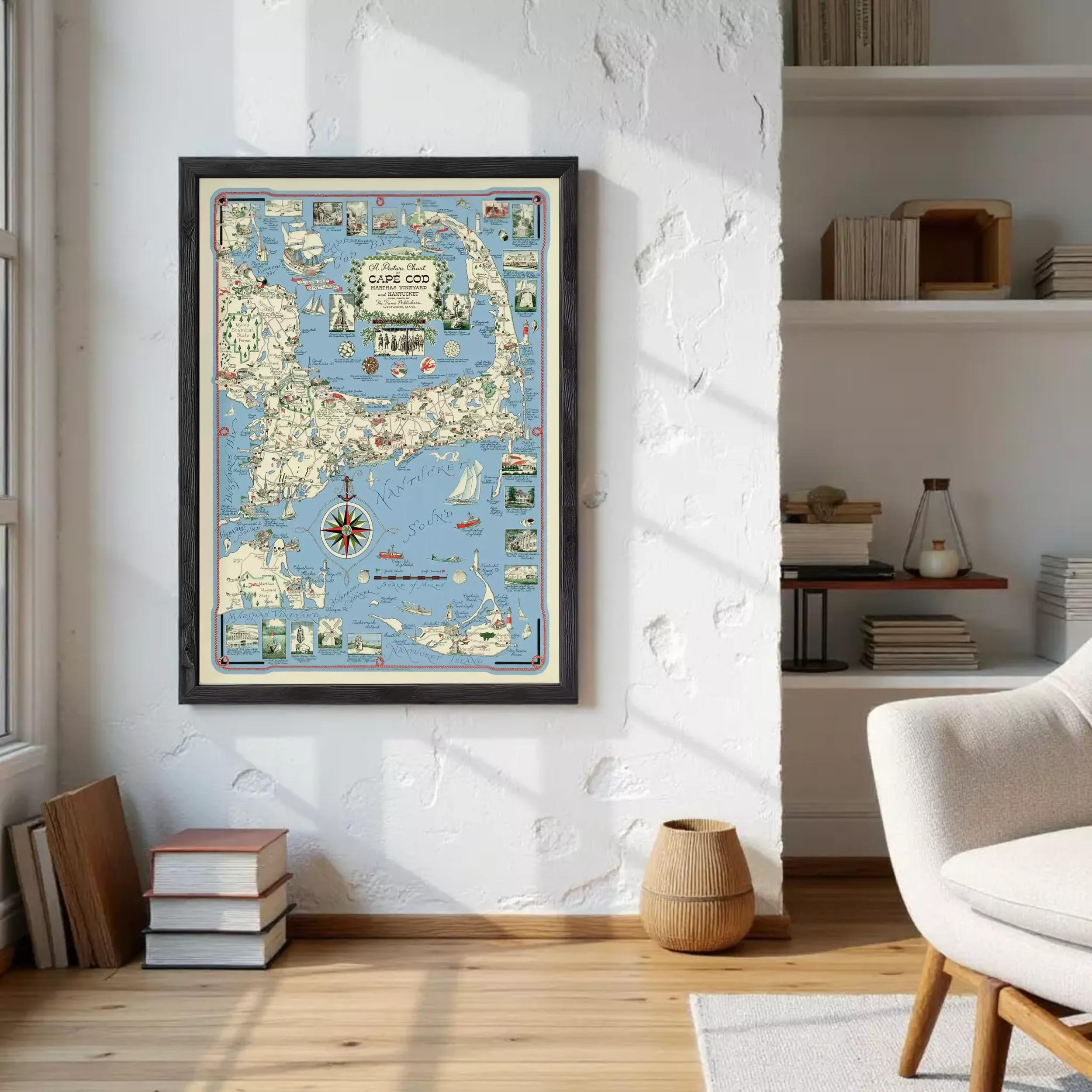 a framed map of the United States hanging on a white wall in a living room.