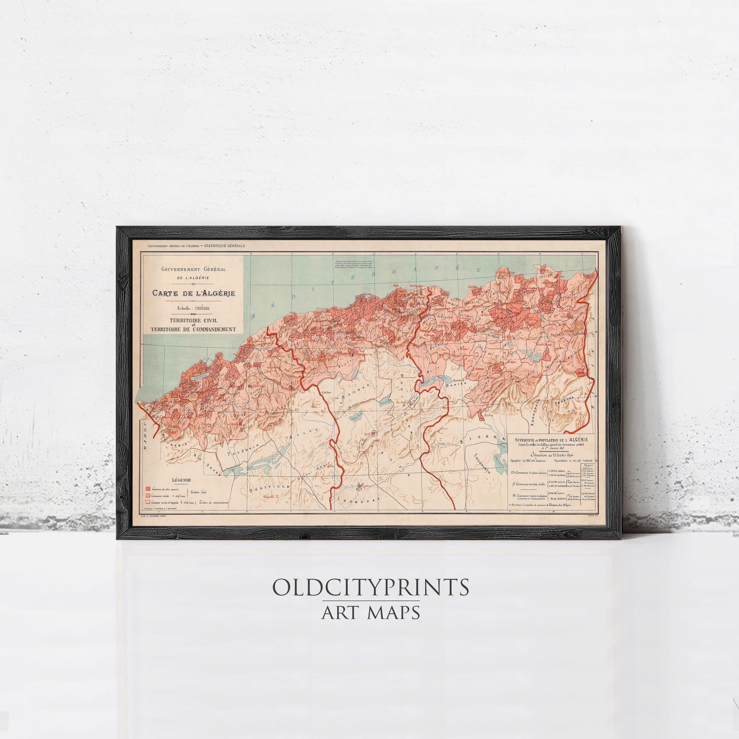 The image is a framed vintage map of the French territory of Algeria, depicting the country's geographical layout and boundaries.