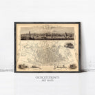 The image is a framed art print depicting a map of Liverpool, with a detailed illustration of the city's streets, landmarks, and boats.