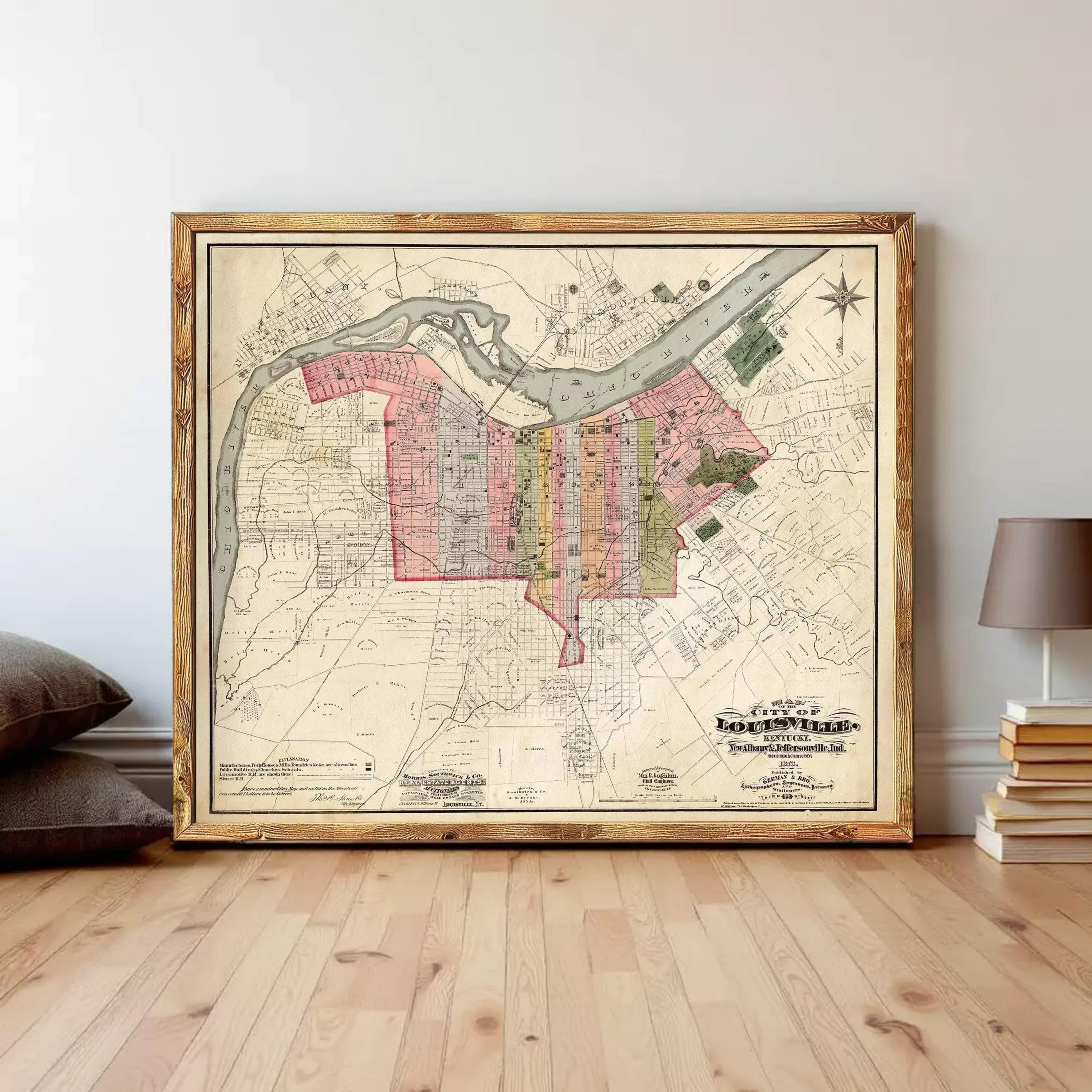 The image is a framed map of Louisville, Kentucky, dated from 1873.
