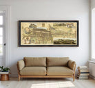 The image is a framed collage of various images, including a map, a landscape, and a historical scene, all set against a white wall.