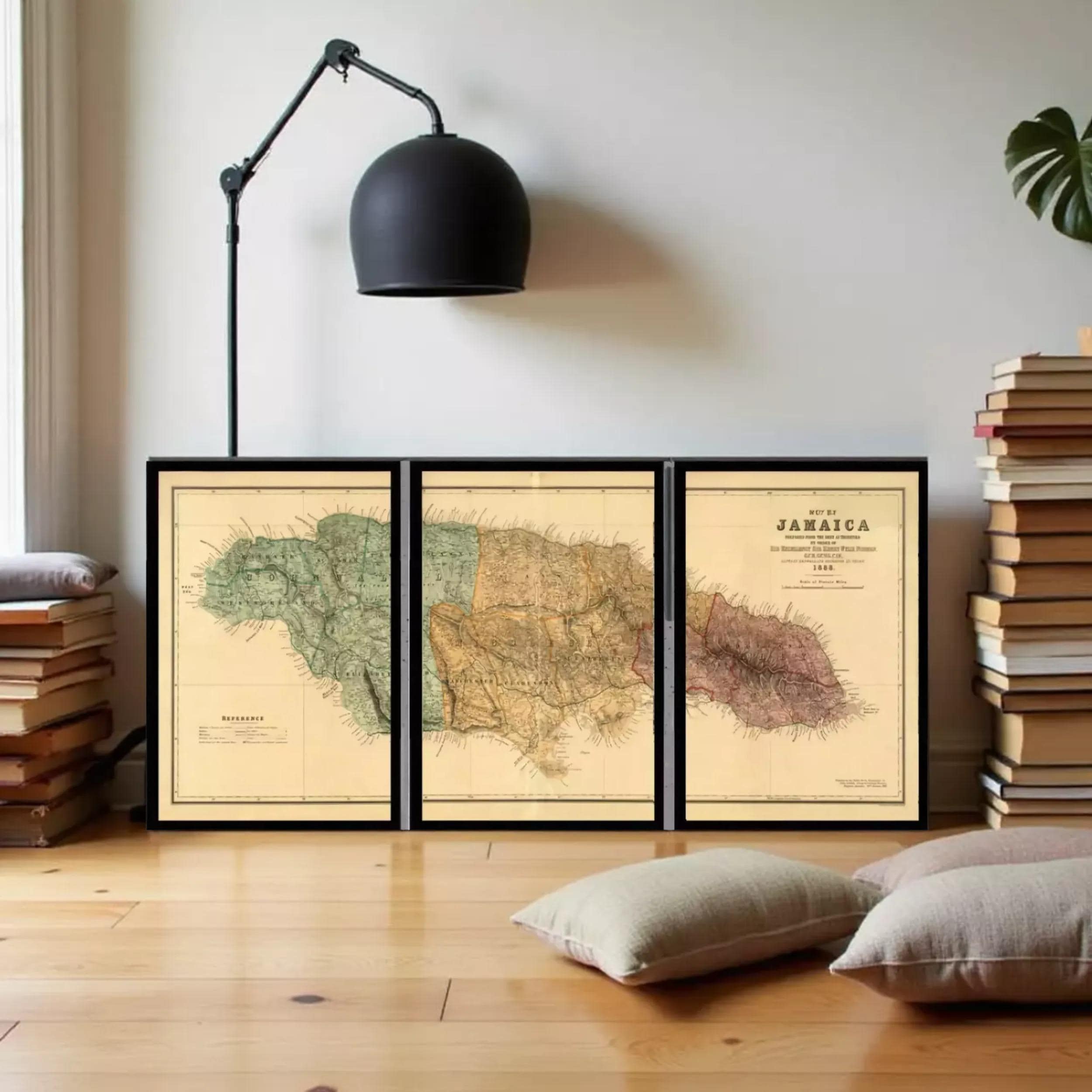 The image is a triptych of old maps of Jamaica, featuring a green, yellow, and red color scheme.
