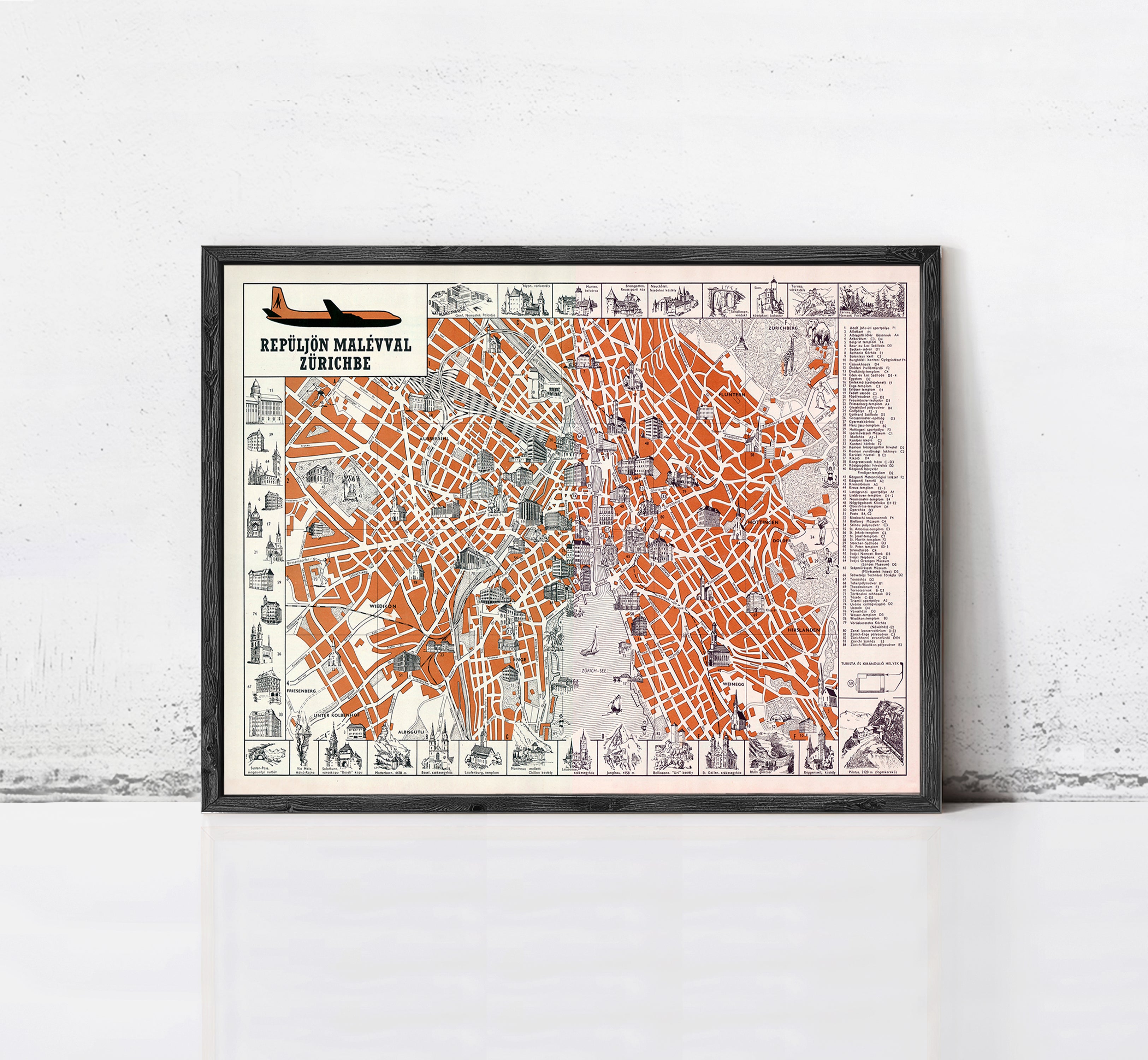 The image is a framed vintage map of Prague, Czech Republic, depicting the city's streets and landmarks in an orange and black color scheme.