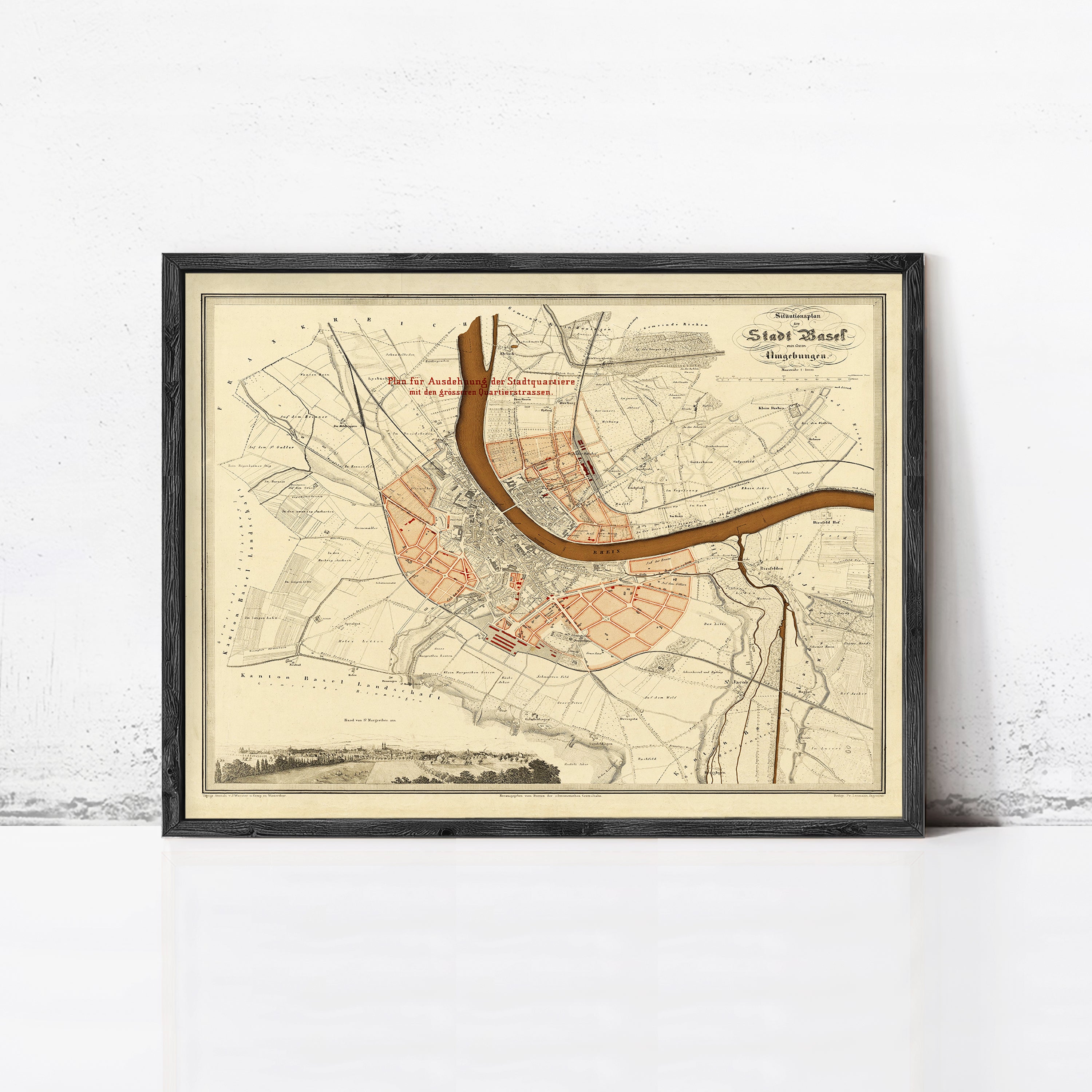 Old Map of Basel Basilea Switzerland Suisse 1860 Vintage Map