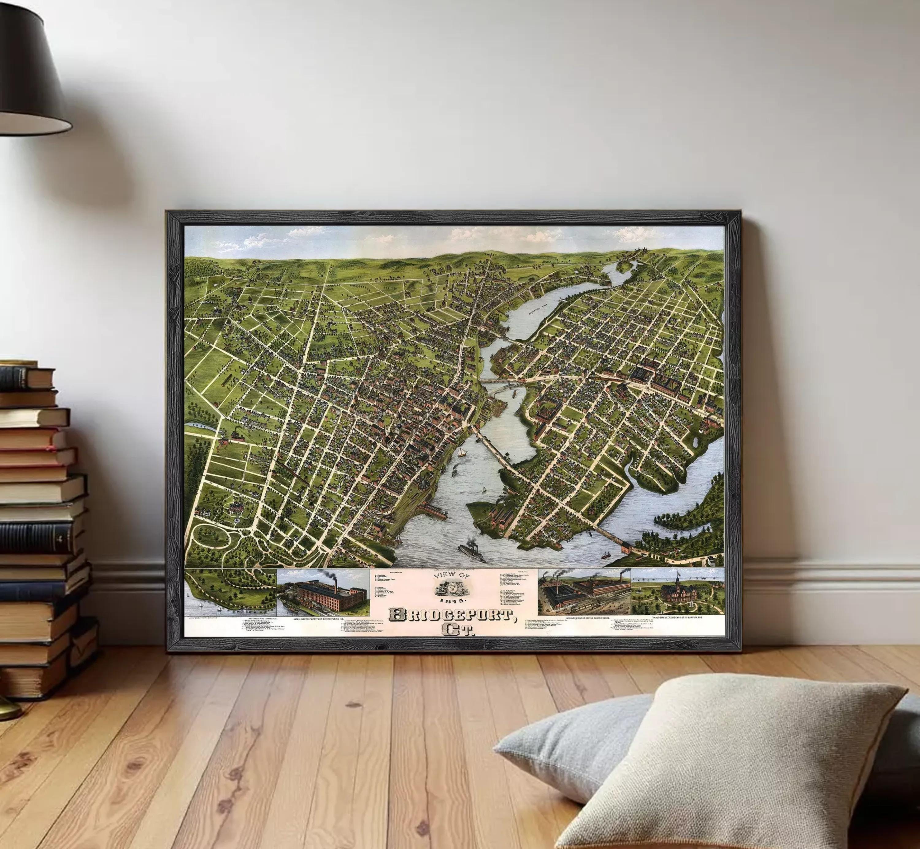 The image is a framed map of Bridgeport, Connecticut, depicting the city's layout and surrounding areas.