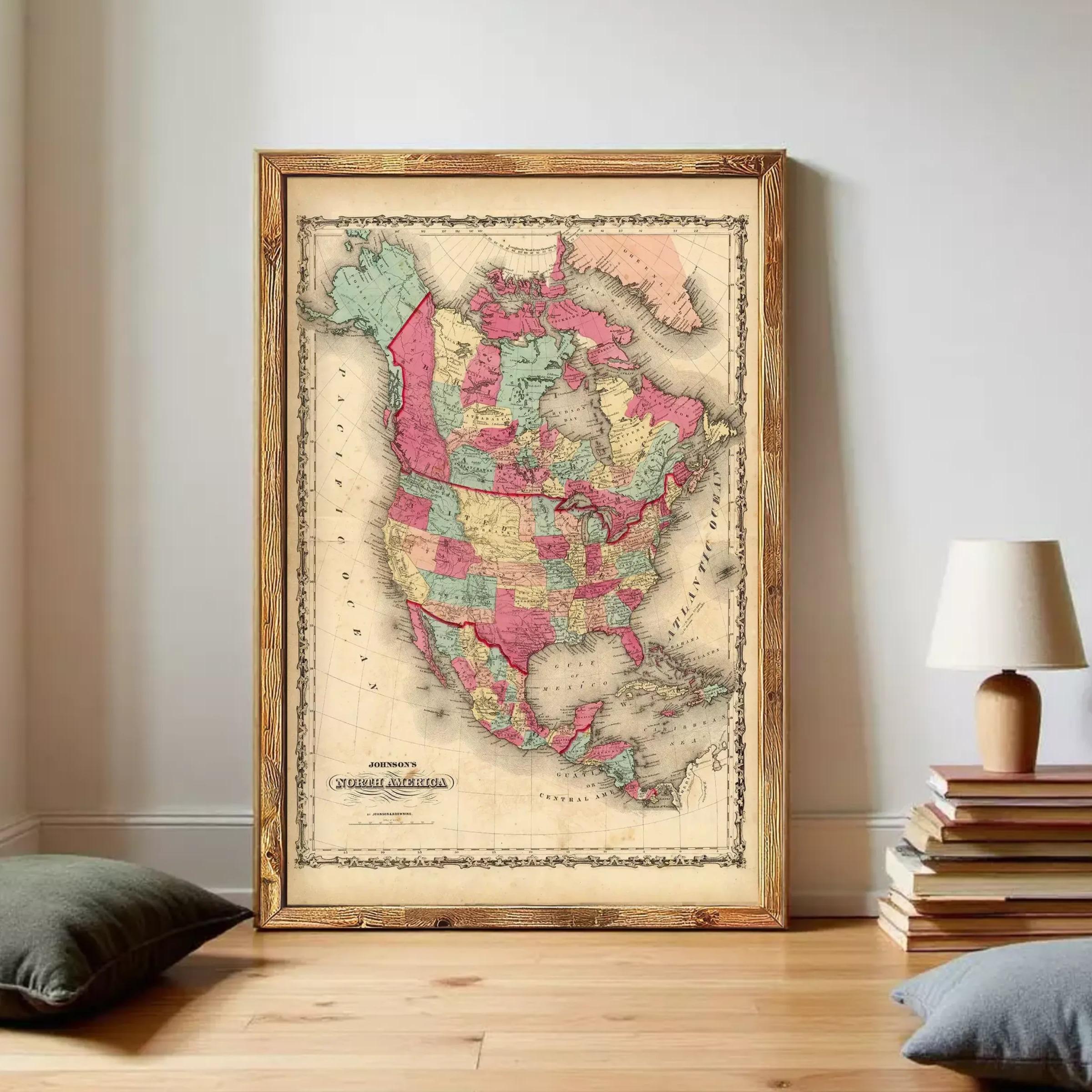 The image is a framed vintage map of North America, depicting the United States and parts of Canada.