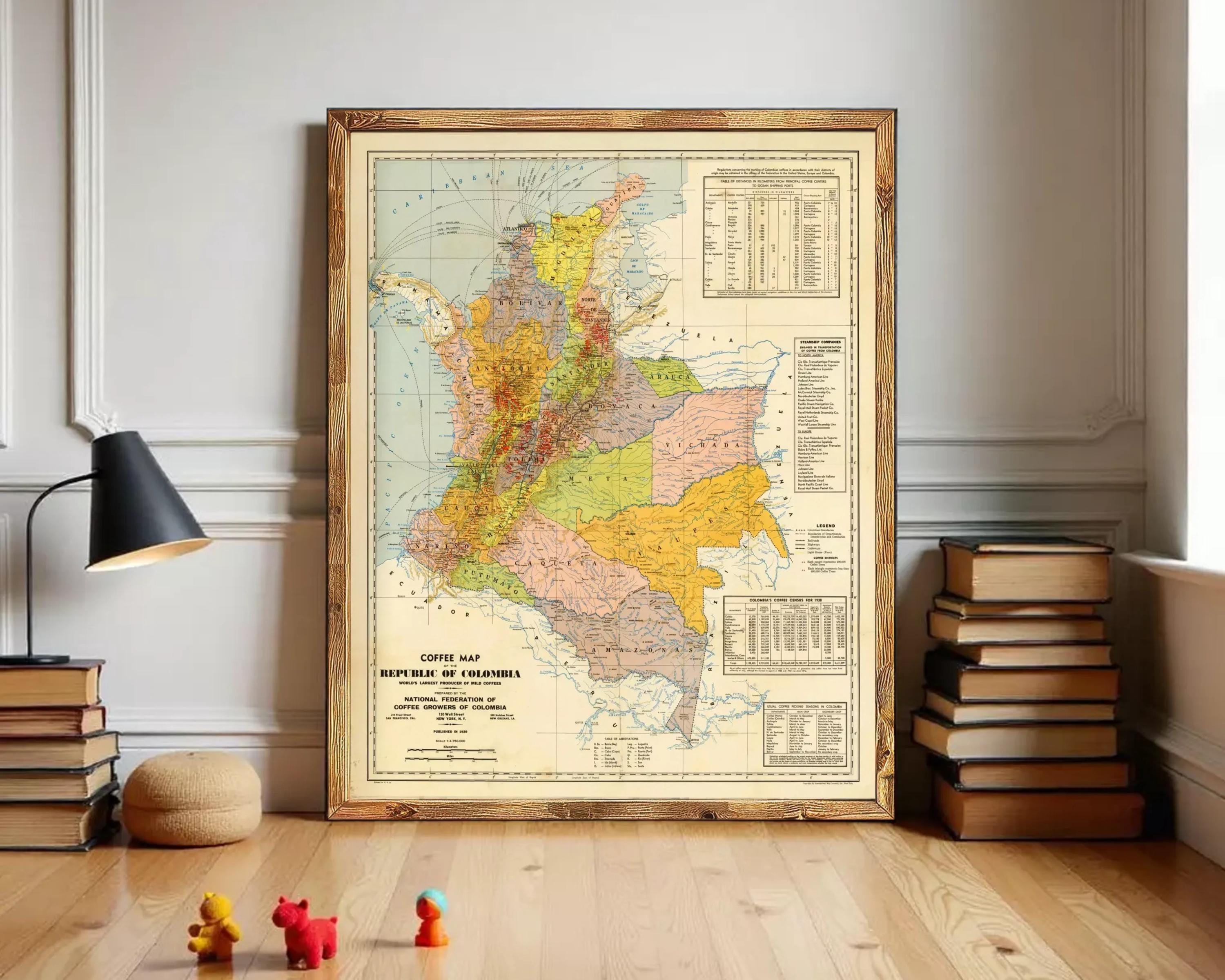 The image is a framed vintage map of the Republic of Colombia, depicting the country's geographical layout and boundaries.