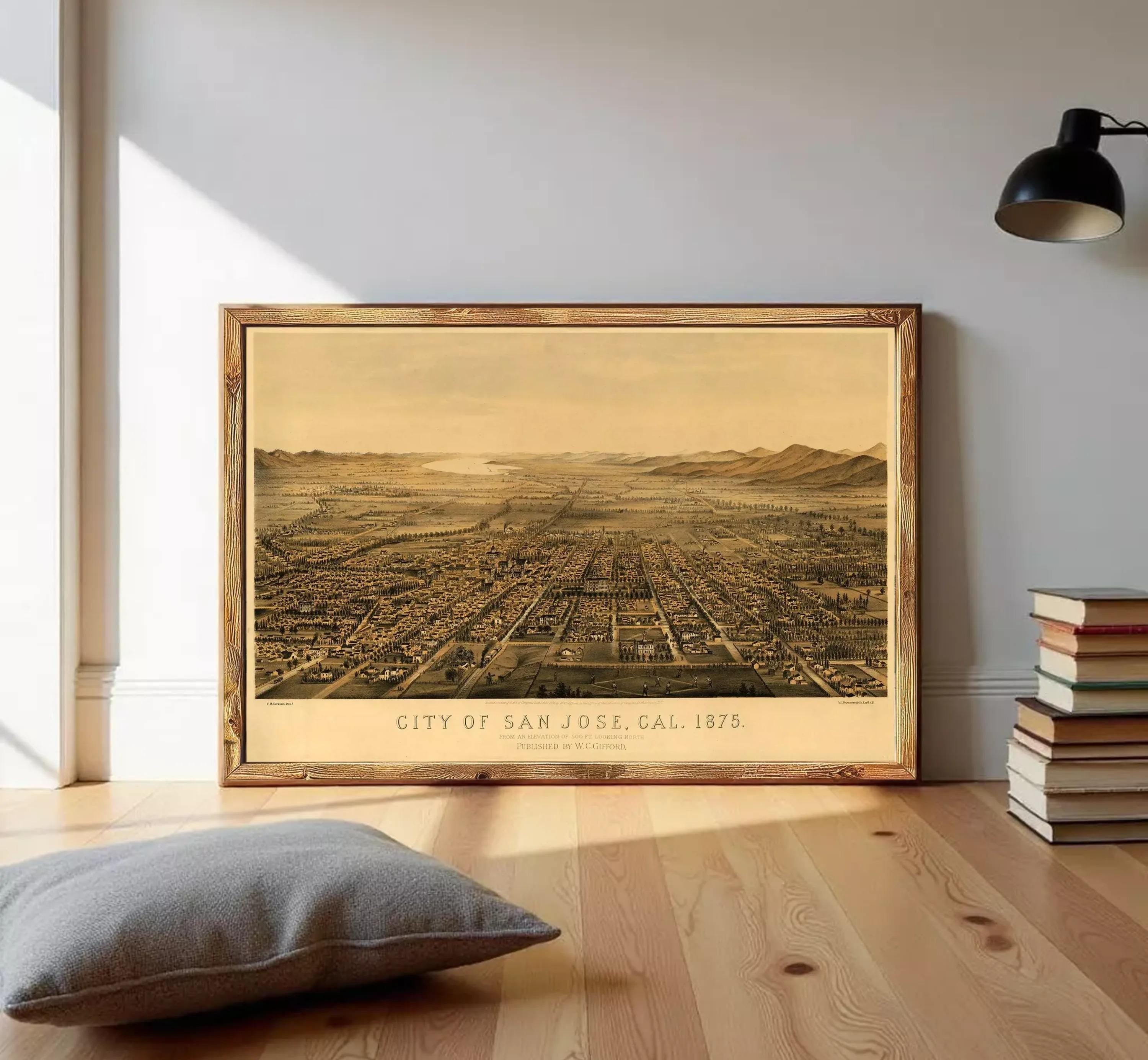 The image is a framed vintage map of San Jose, California, depicting the city's layout and surrounding landscape.