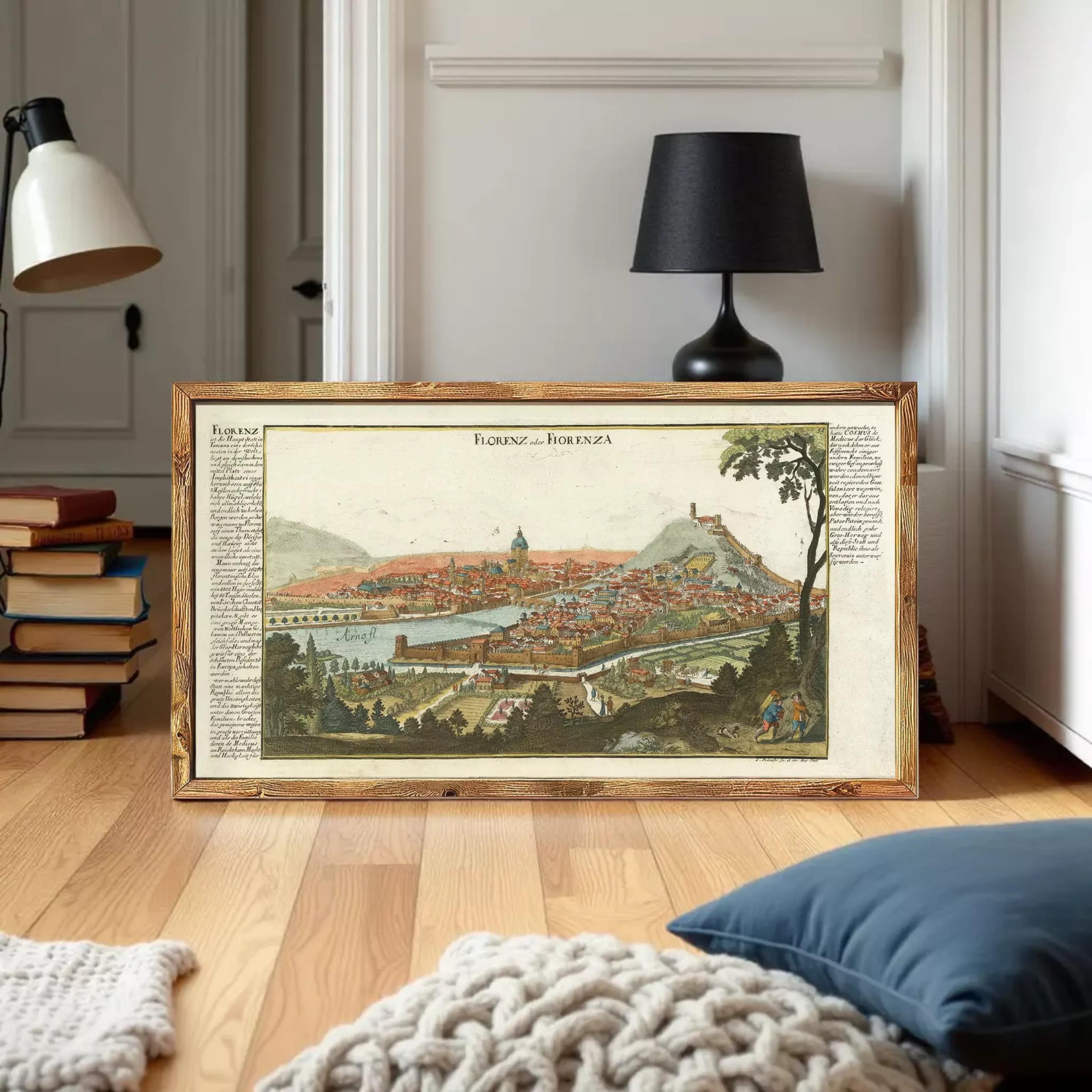 The image is a framed historical map of Florence, Italy, depicting the cityscape and surrounding landscape.
