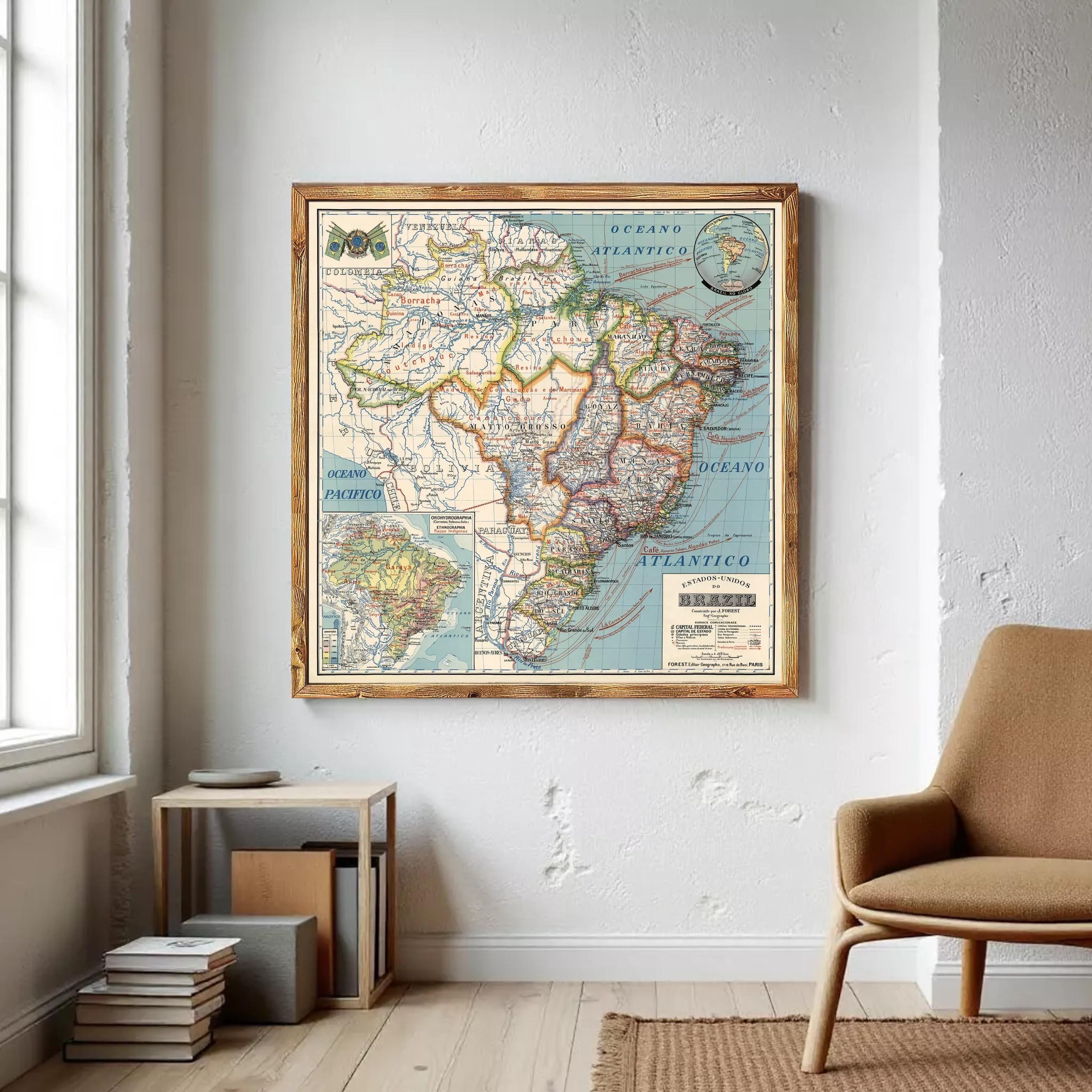 The image is a framed vintage map of Brazil, showing the country's geographical layout and surrounding regions.
