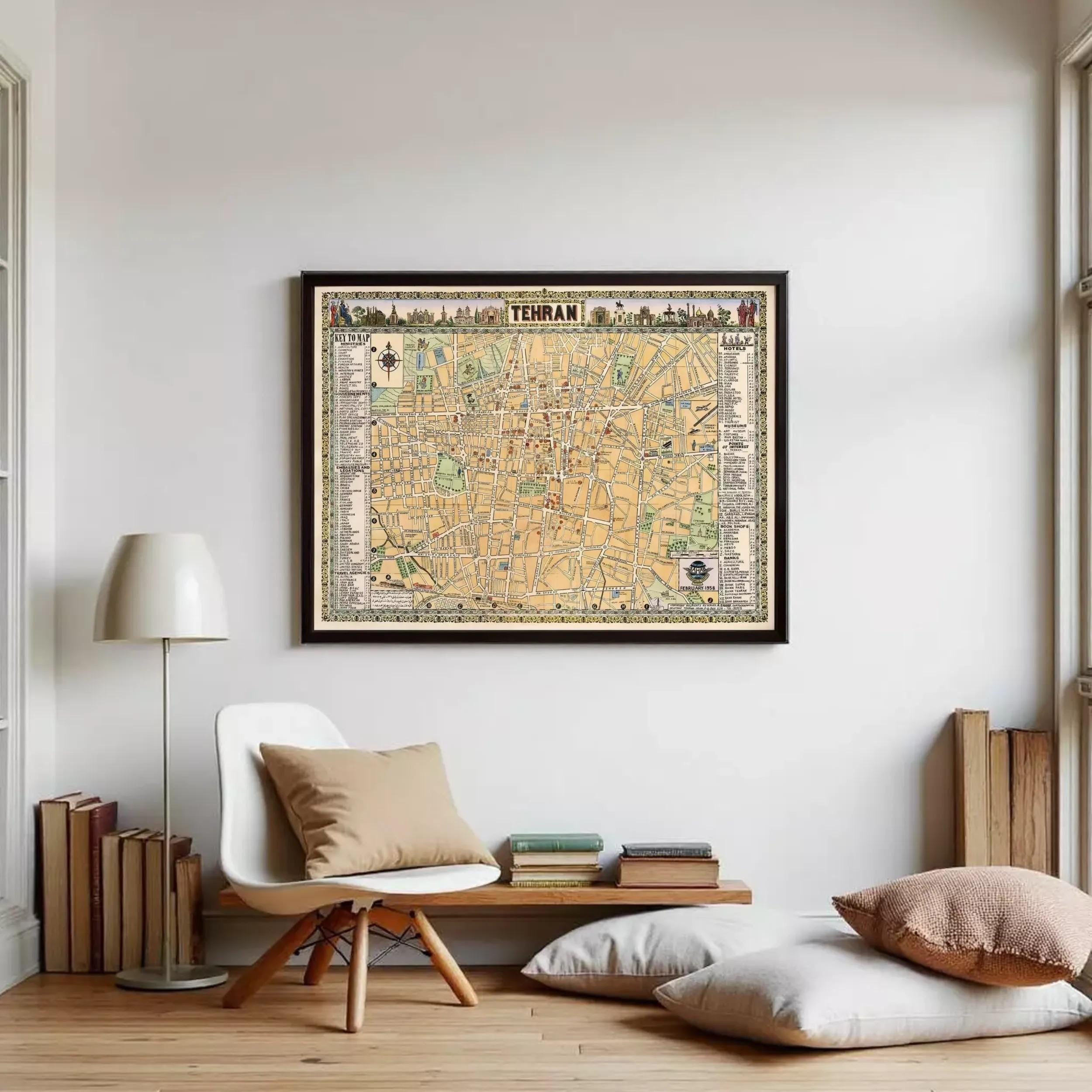 The image is a framed map of Tehran, Iran, showing the city's streets, landmarks, and other geographical features.