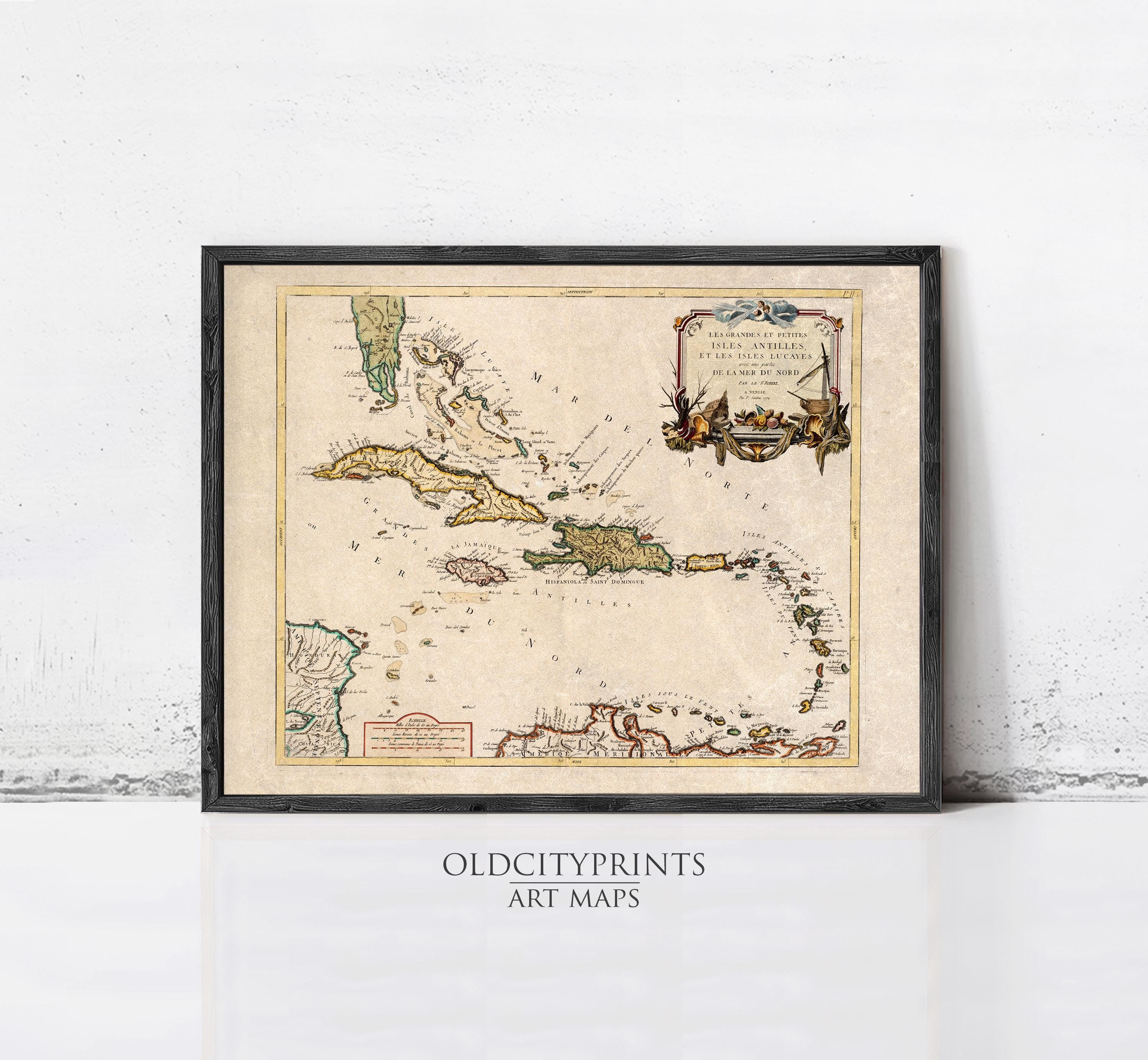 The image is a framed vintage map of the Caribbean region, featuring detailed cartography and geographical information.