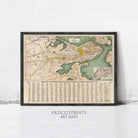 The image is a framed vintage map of Boston, Massachusetts, with a grid of street names and locations.