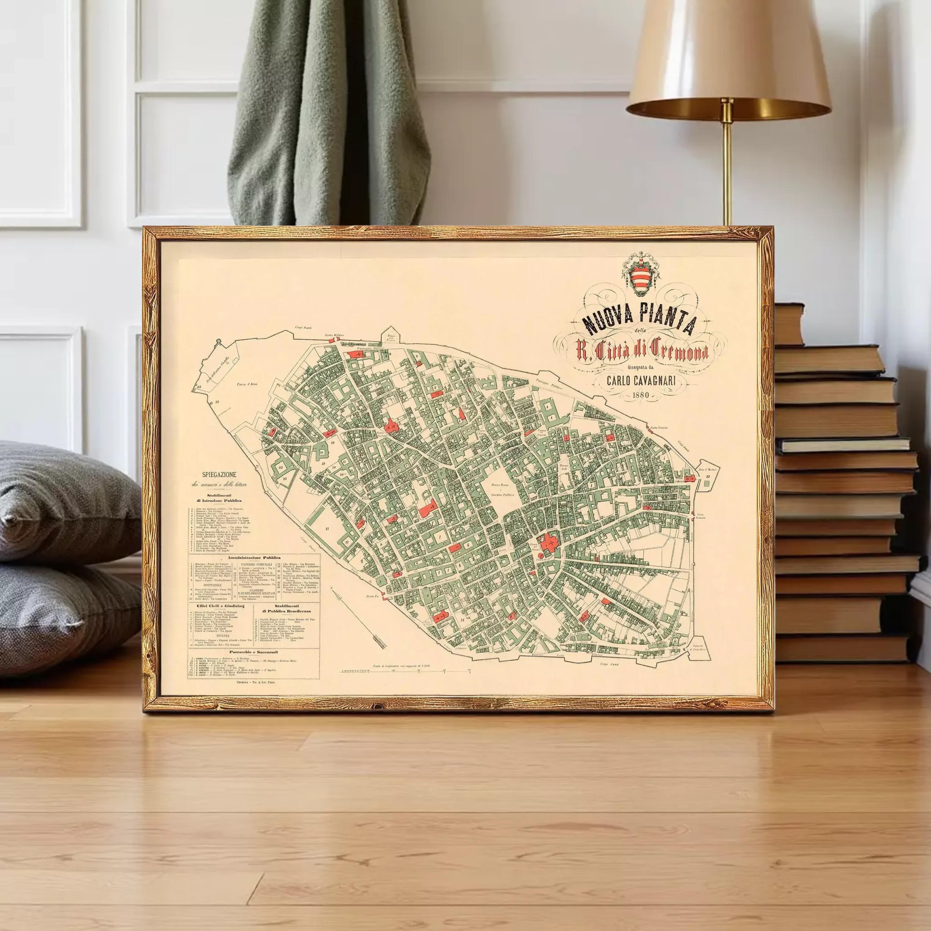The image is a framed map of a city, likely a historical or vintage map, with a focus on the streets and layout of the area.