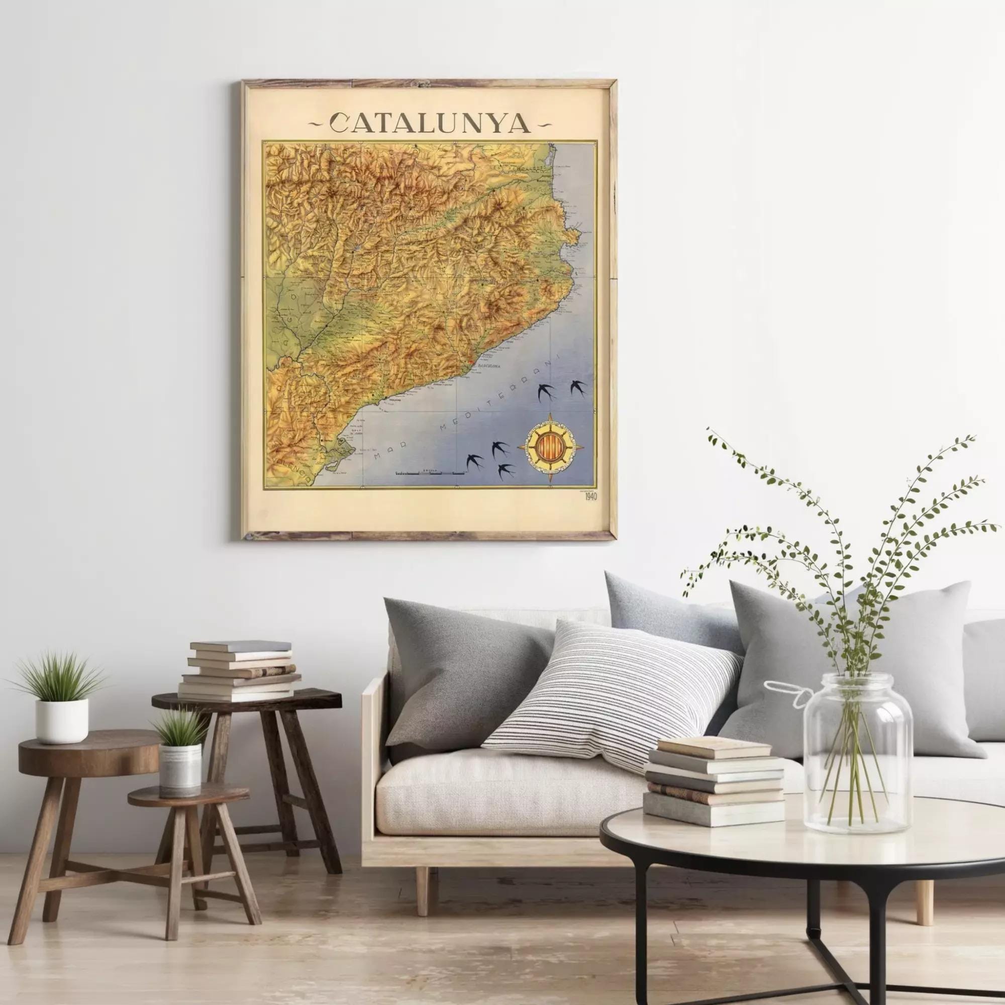 a cozy living room with a large framed map of Catalunya hanging on the wall, a comfortable couch, a coffee table with books and a vase of greenery, and a small side table with a plant.