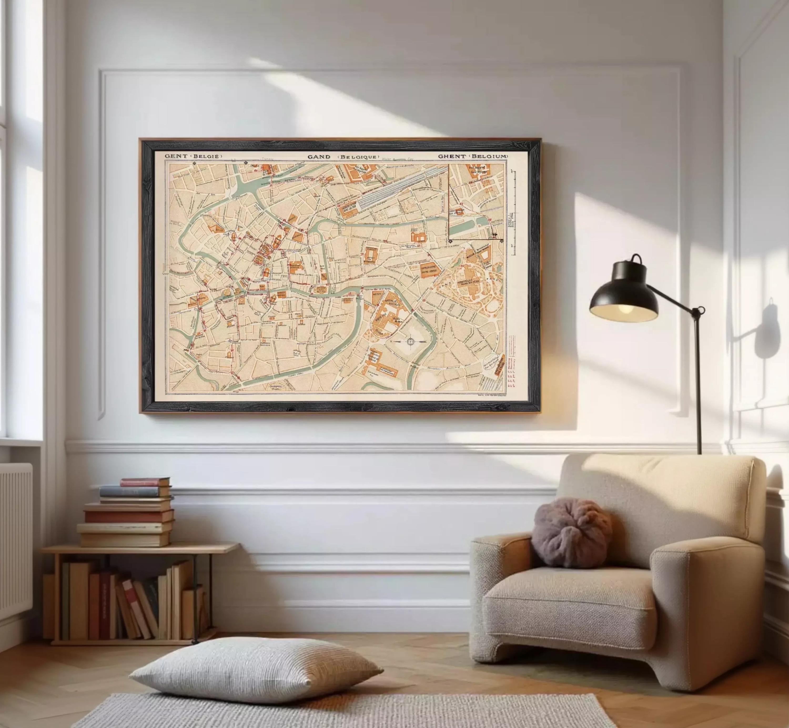 The image is a framed map of Brussels, Belgium, showing the city's streets, landmarks, and surrounding areas.