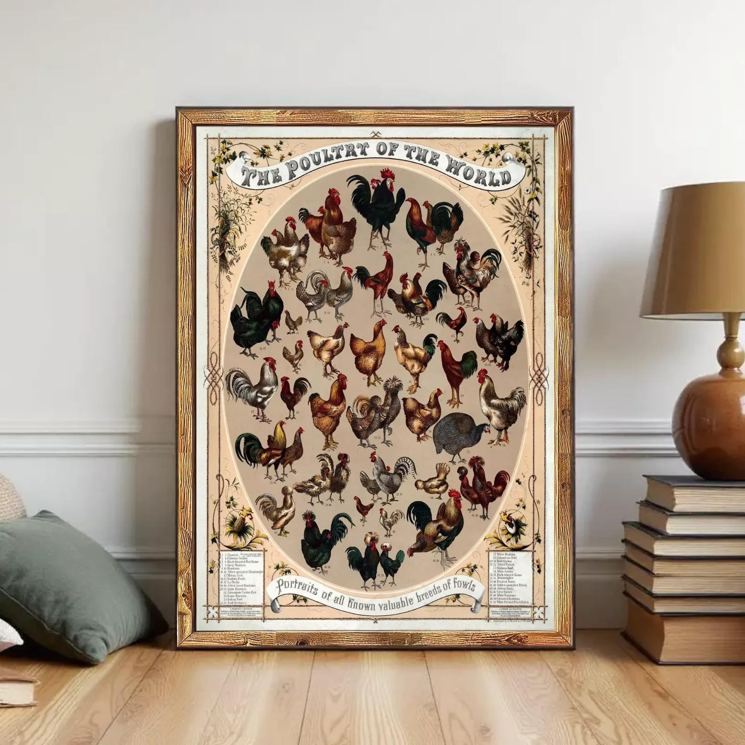 The image is a framed poster depicting various types of chickens and roosters, arranged in a circular pattern.