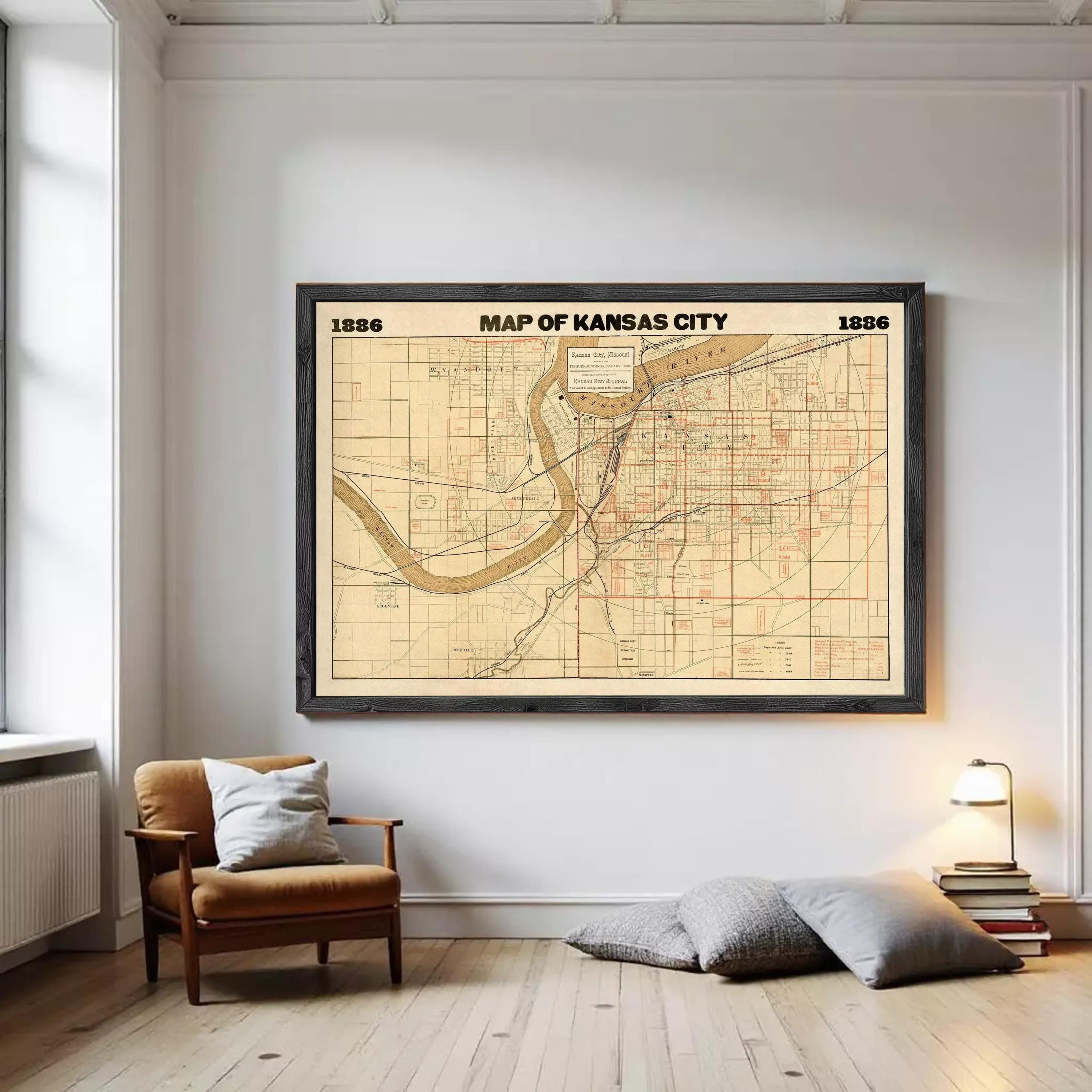The image is a framed map of Kansas City, Missouri, dated 1866.