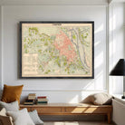 The image is a framed vintage map of Hanoi, Vietnam, depicting the city's streets, landmarks, and surrounding areas.