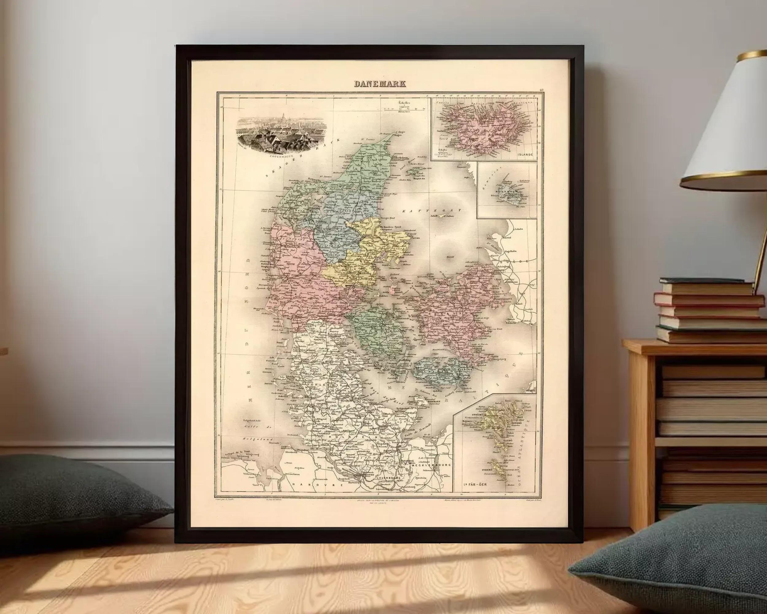 The image is a framed vintage map of Denmark, showing the country's geographical layout and surrounding areas.