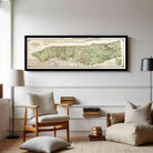 The image is a framed historical map of New York City, depicting the city's layout and surrounding areas.