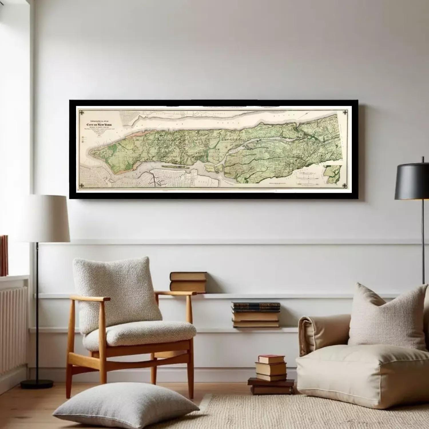 The image is a framed historical map of New York City, depicting the city's layout and surrounding areas.