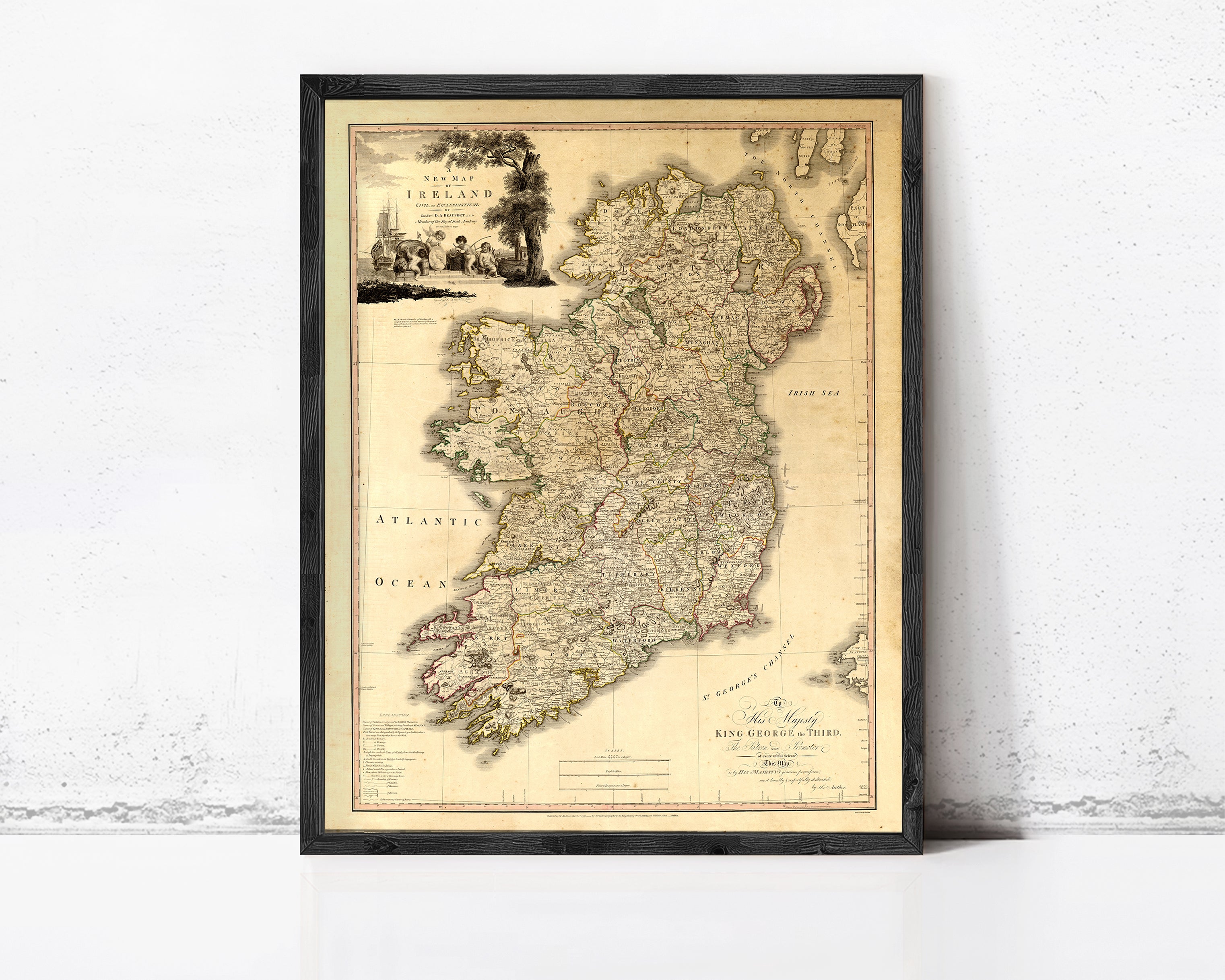 The image is a framed map of Ireland, depicting the country's geographical layout and surrounding areas.