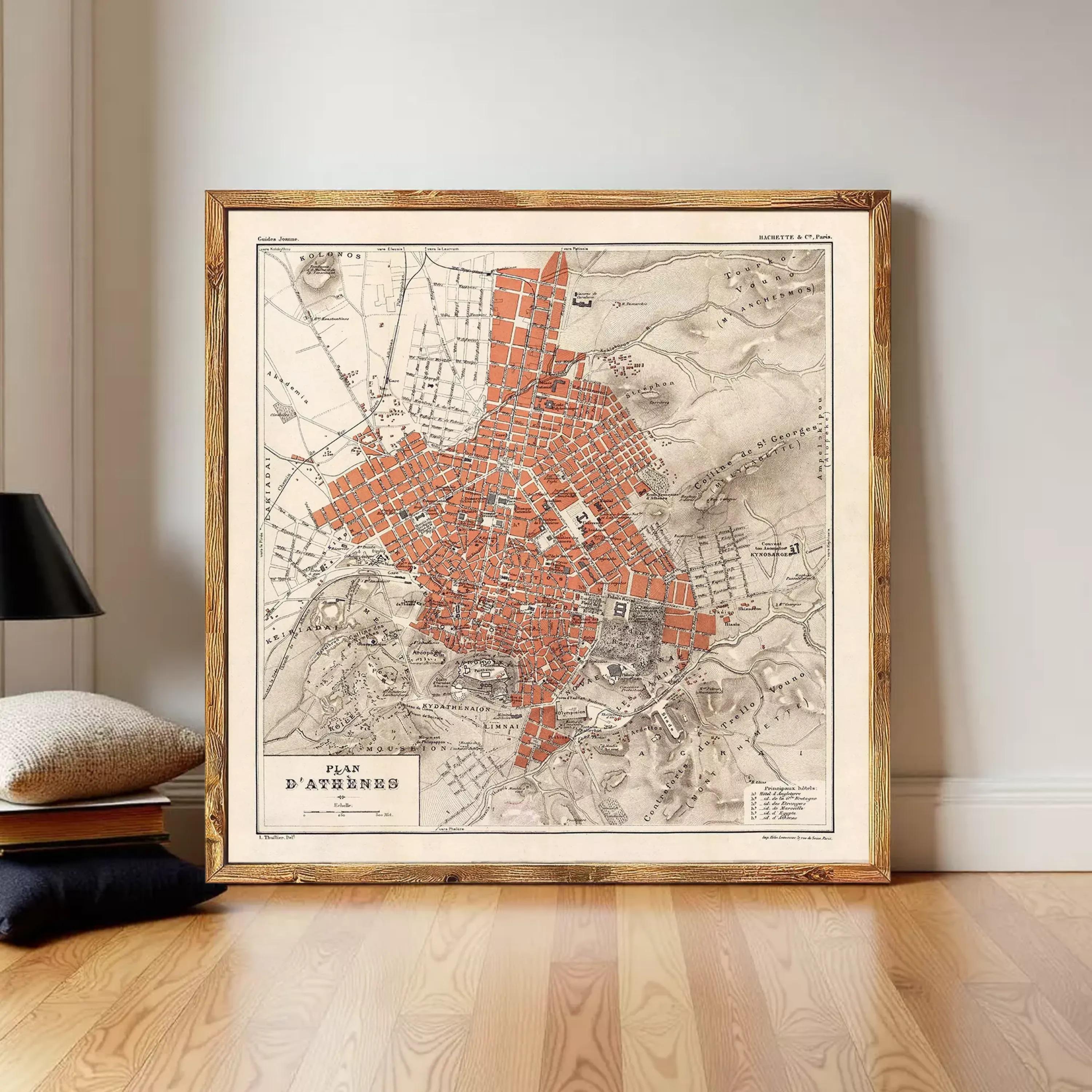 The image is a framed vintage map of the city of Athens, Greece, depicting the city's streets and landmarks.