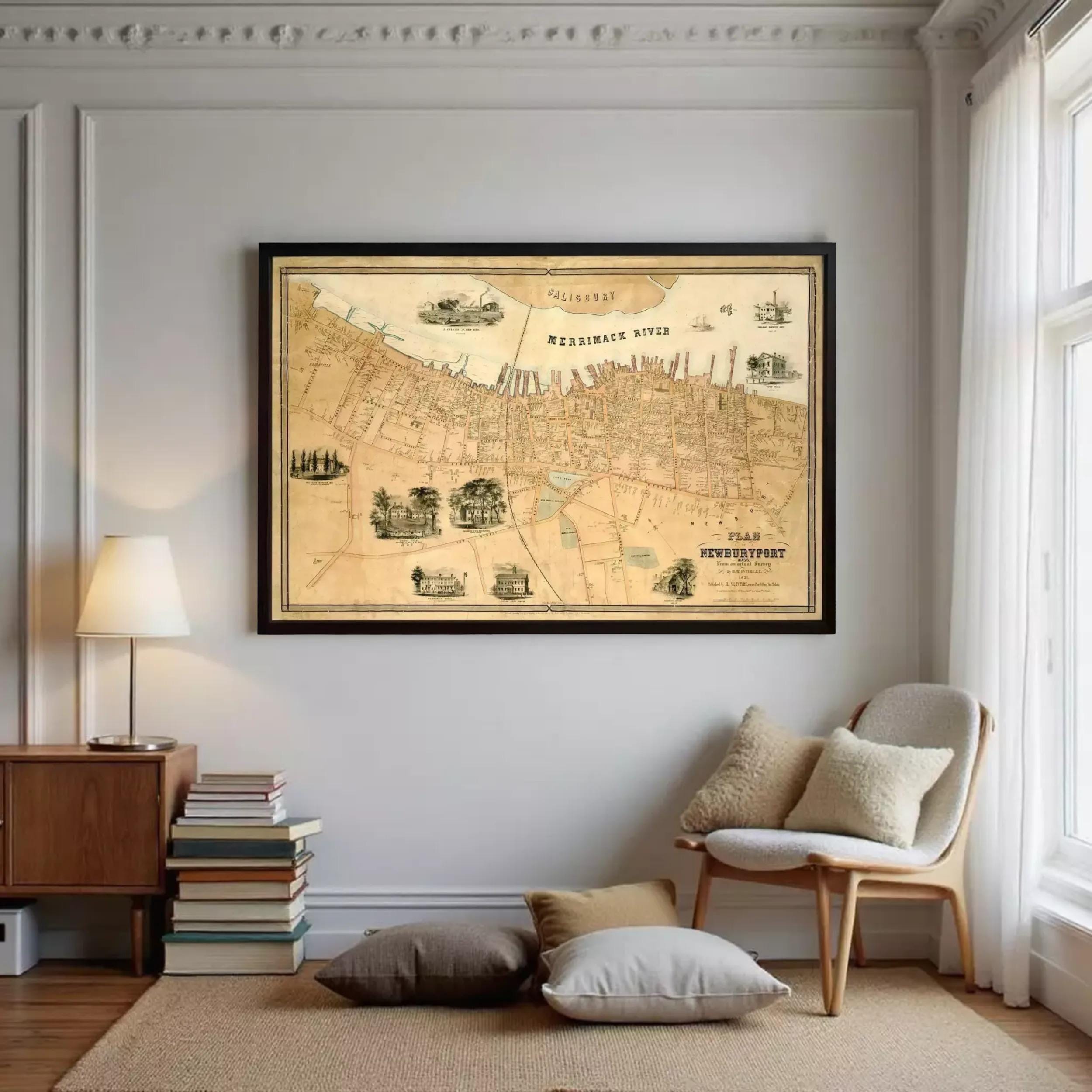 The image is a framed map of New York City, depicting various landmarks and streets.