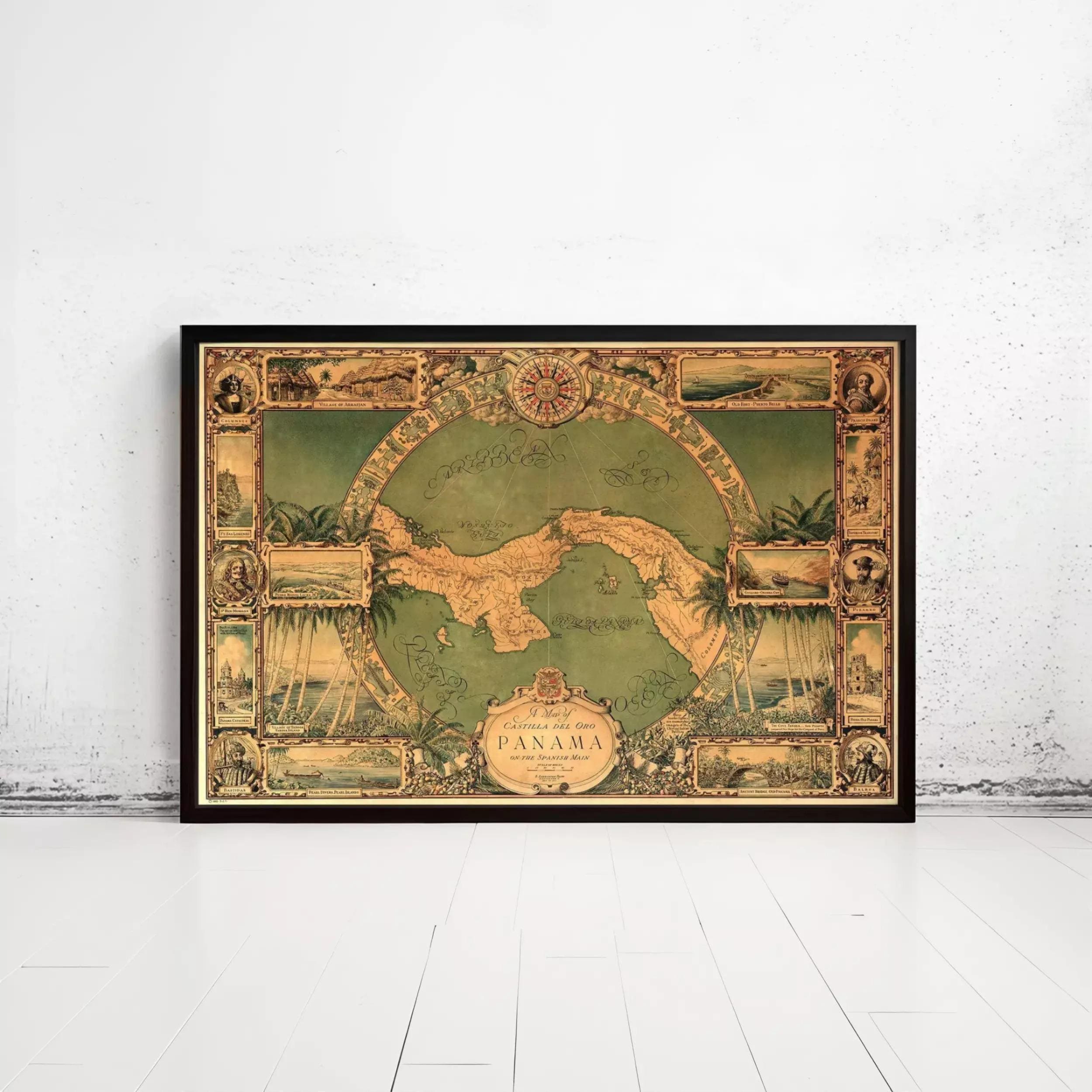 The image is a framed vintage map of Panama, featuring intricate illustrations and designs.