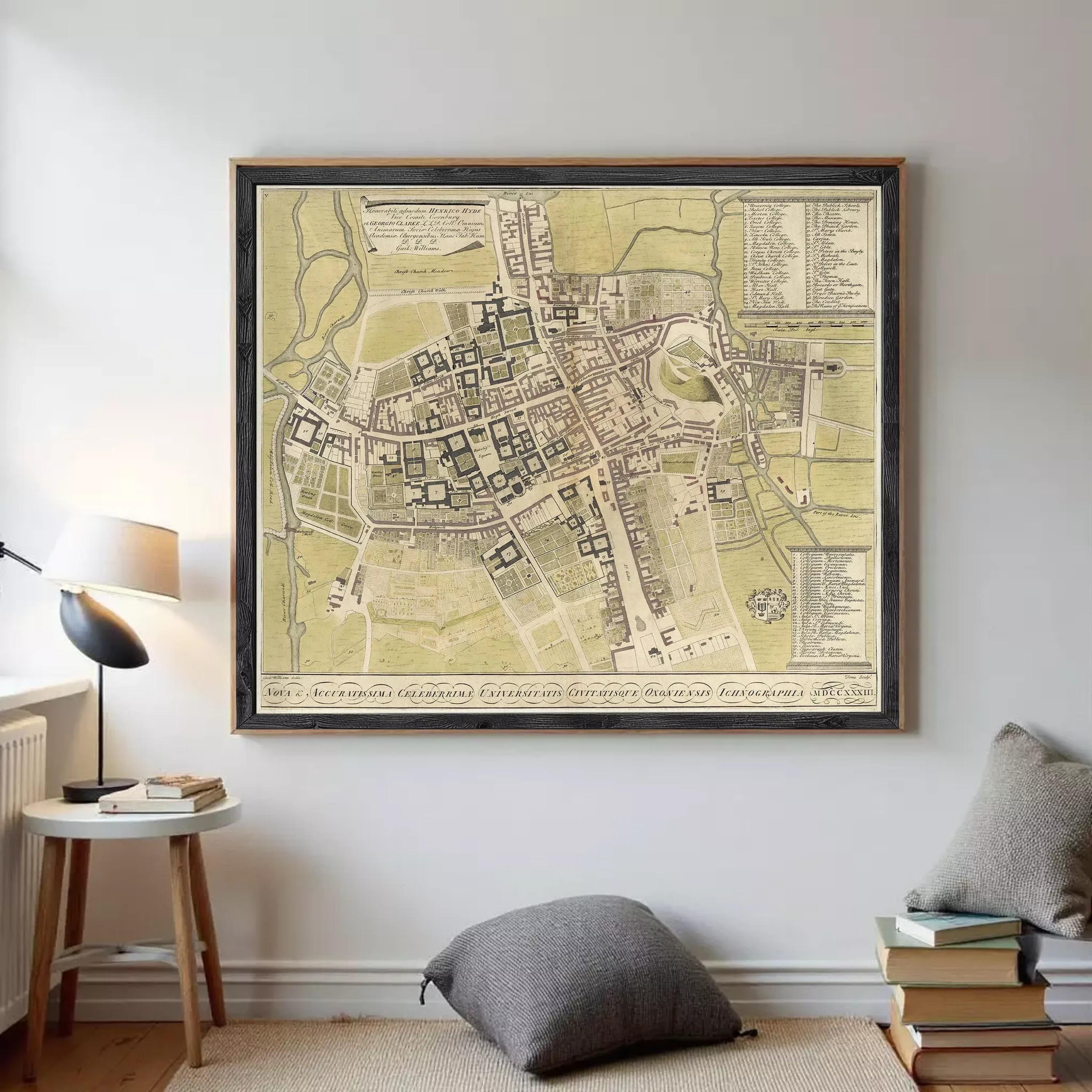 The image is a framed map of a city, likely from the 17th century, depicting a detailed layout of the streets, buildings, and other urban features.