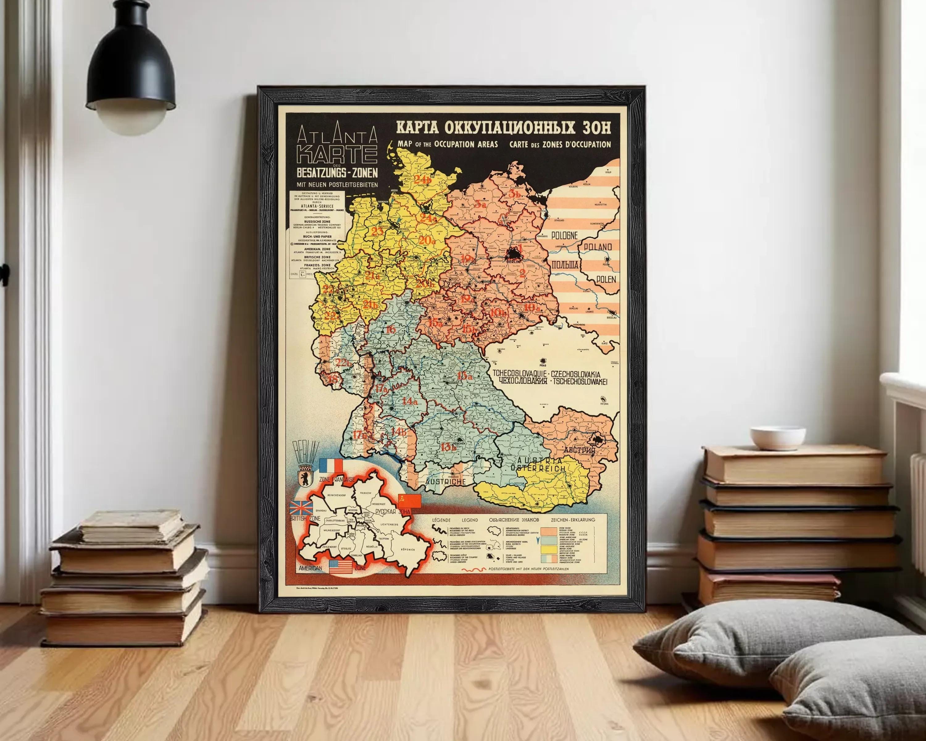 The image is a framed map of Germany, showing the different occupation areas and zones of occupation during the war.