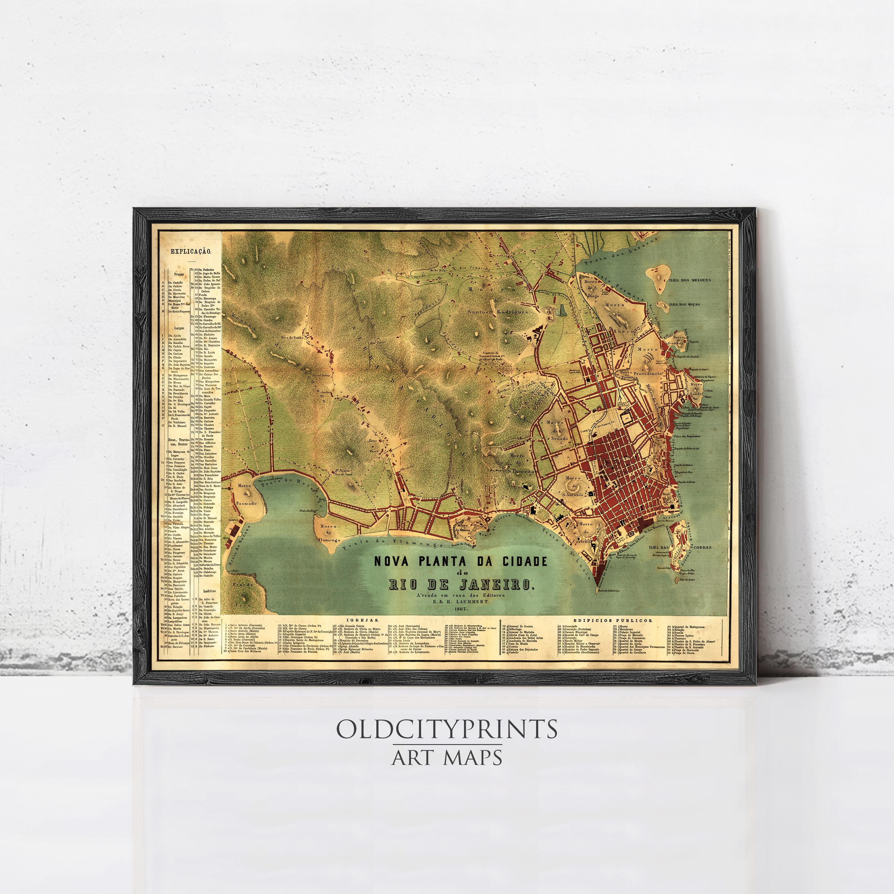 The image is a framed vintage map of Rio de Janeiro, Brazil, depicting the city's layout and surrounding areas.