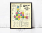 The image is a framed vintage map of Austin, Texas, depicting the city's layout and surrounding areas.