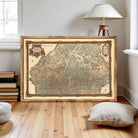 The image is a framed antique map of Europe, depicting the continent and surrounding areas in a detailed and intricate manner.