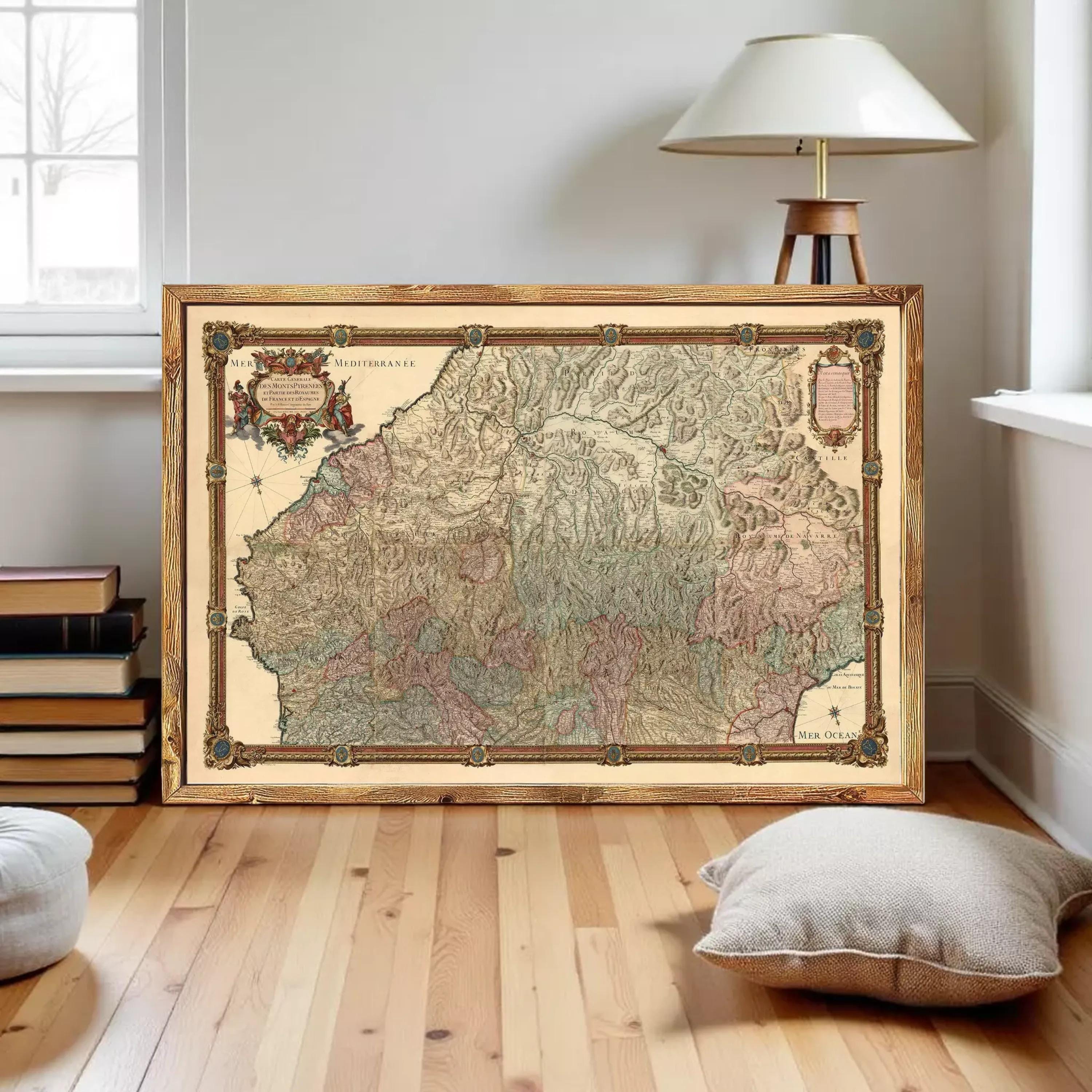 The image is a framed antique map of Europe, depicting the continent and surrounding areas in a detailed and intricate manner.