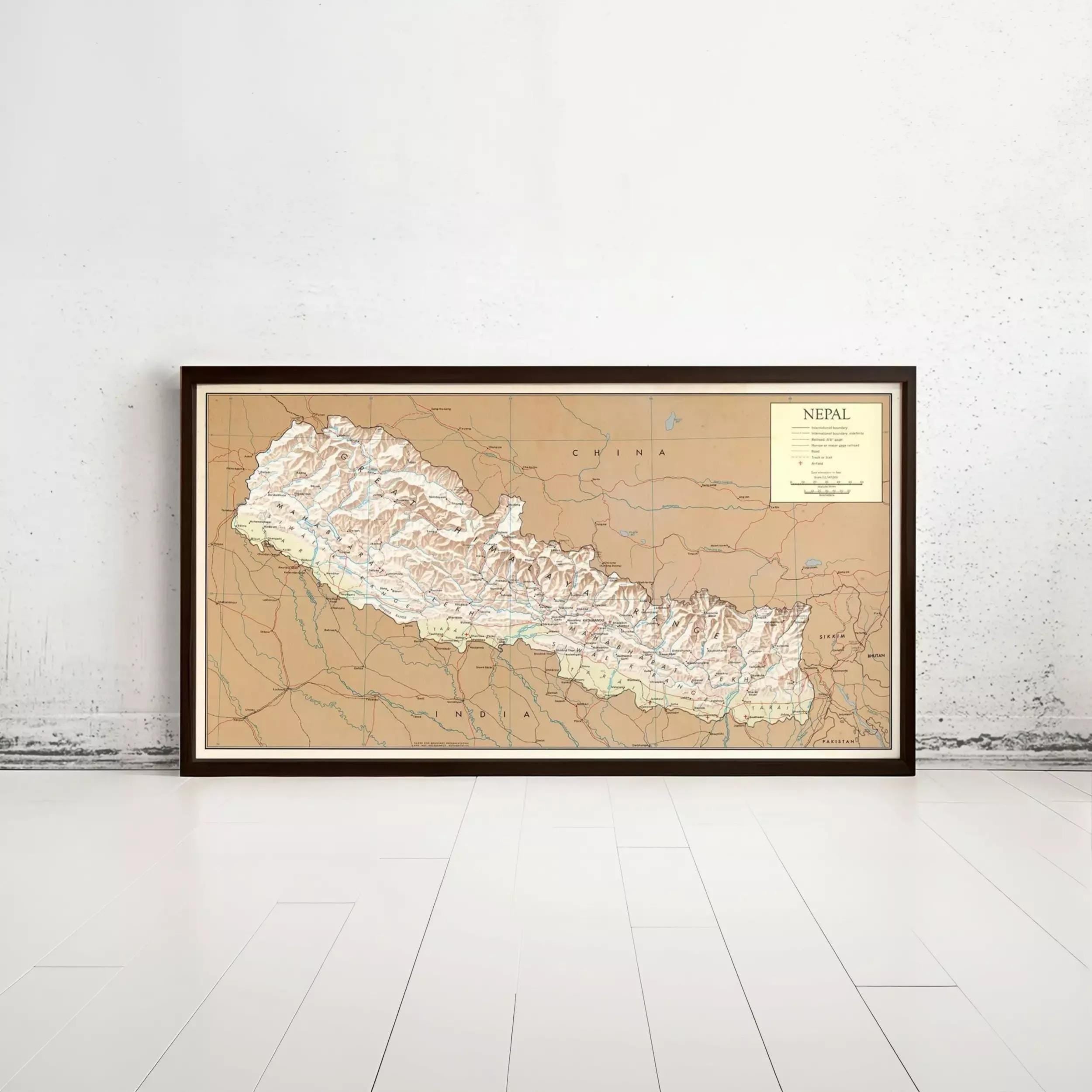 The image is a framed map of Nepal, showing the country's geographical layout and major geographical features.