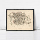The image is a framed vintage map of Madrid, Spain, depicting the city's layout and surrounding areas.
