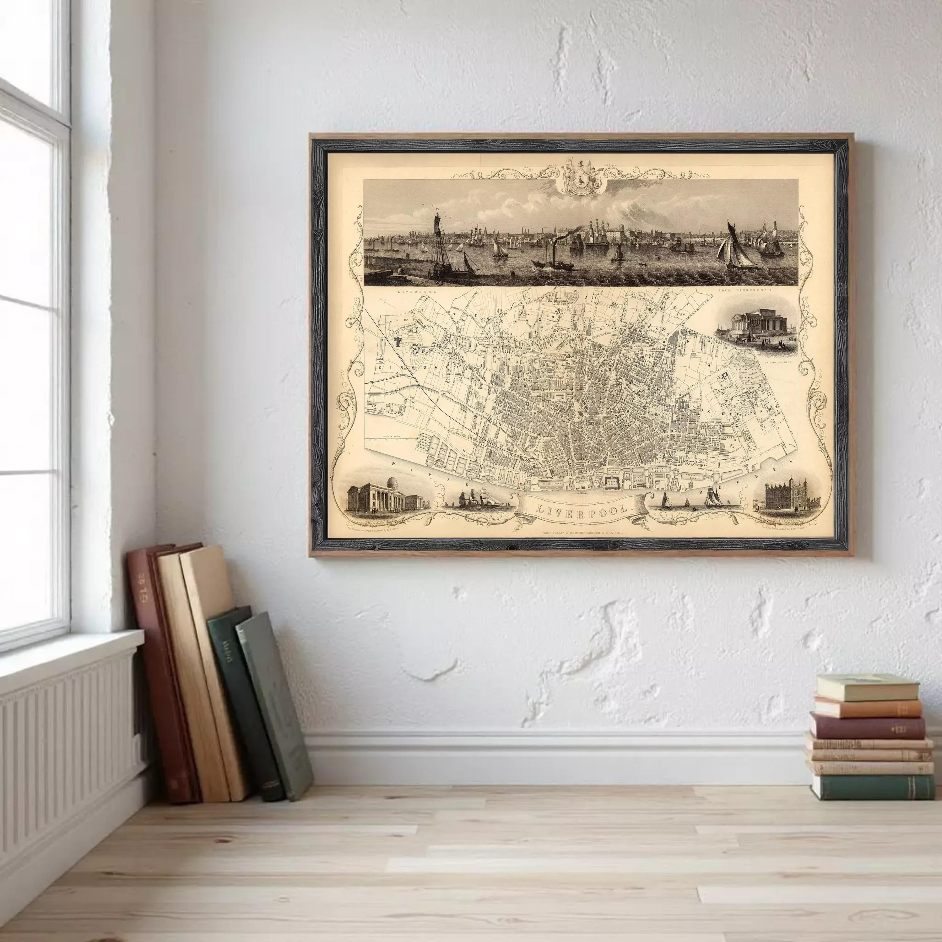 a framed map of Liverpool, with a detailed illustration of the city's layout and surrounding areas.