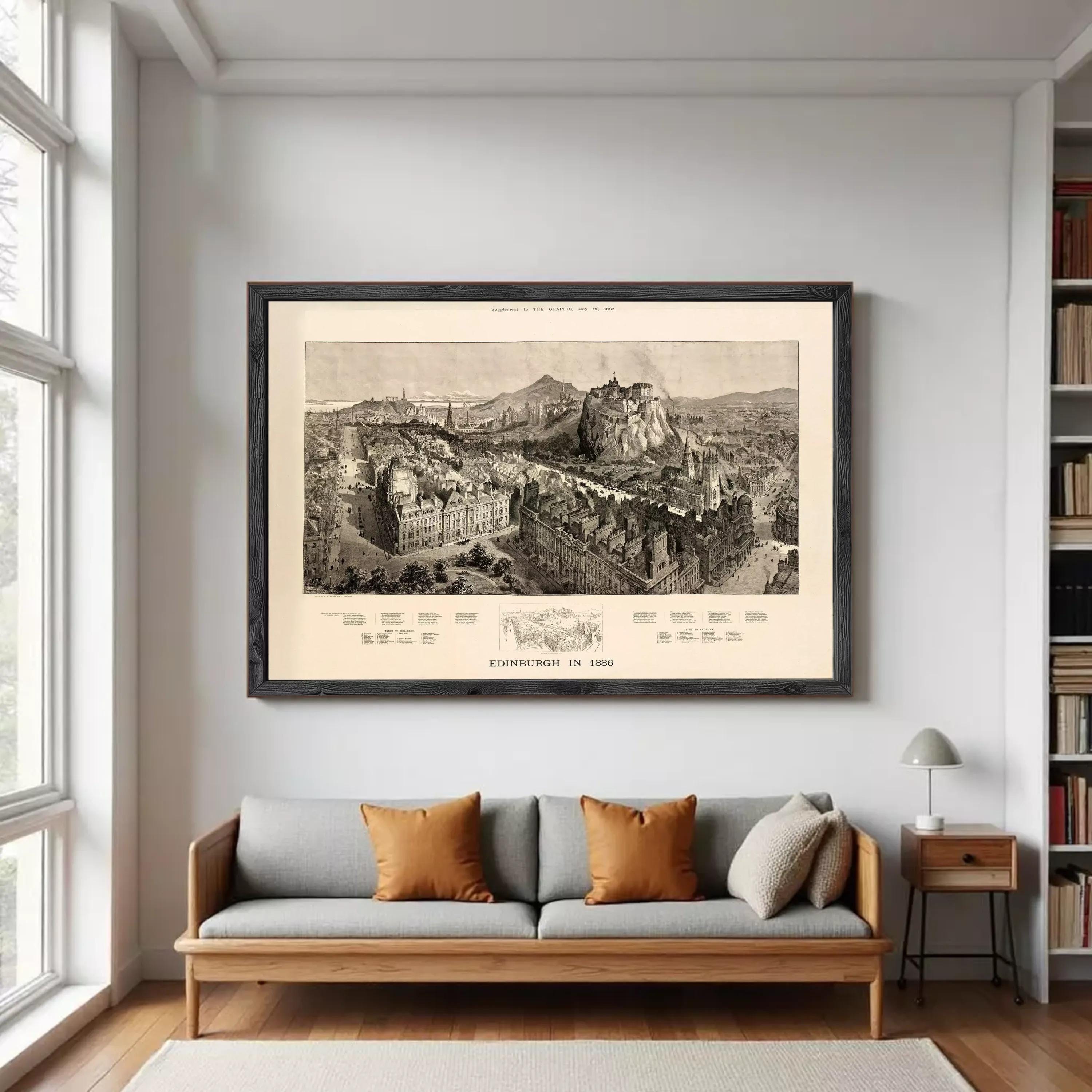 The image is a framed print depicting a detailed illustration of Edinburgh, Scotland, from the year 1866.