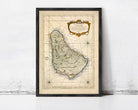 The image is a framed vintage map of the Caribbean island of Barbados, showing the island's geographical layout and surrounding areas.