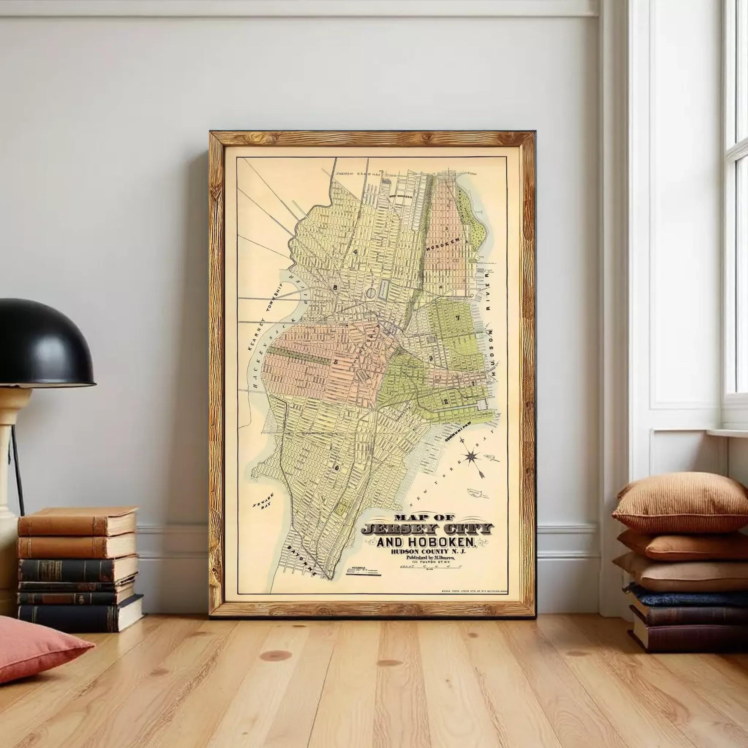 The image is a framed map of Jersey City, New Jersey, showing the city's layout and surrounding areas.