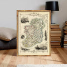 The image is a framed vintage map of Ireland, featuring detailed illustrations and labels.