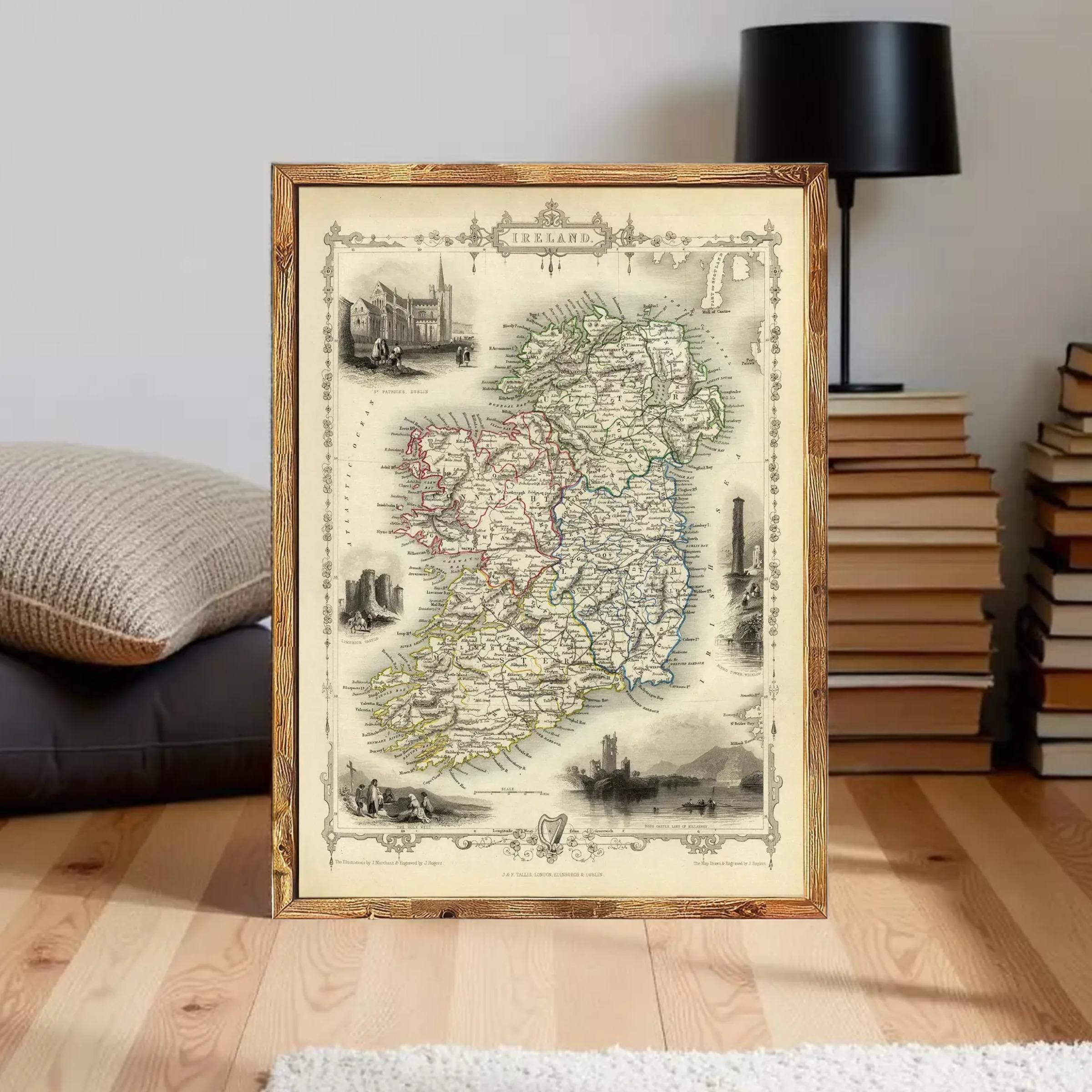 The image is a framed vintage map of Ireland, featuring detailed illustrations and labels.