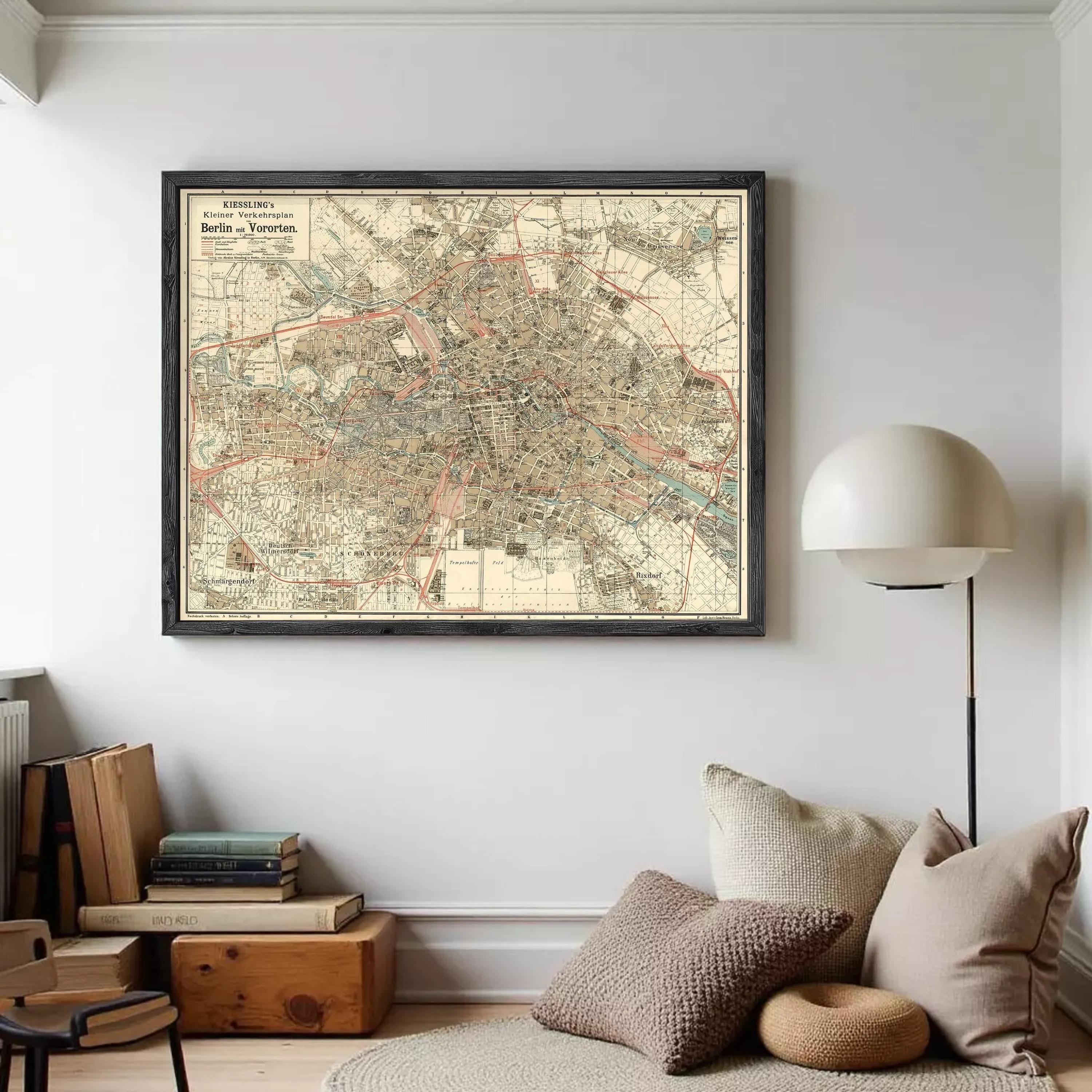The image is a framed vintage map of Berlin, Germany, depicting the city's streets and surrounding areas.