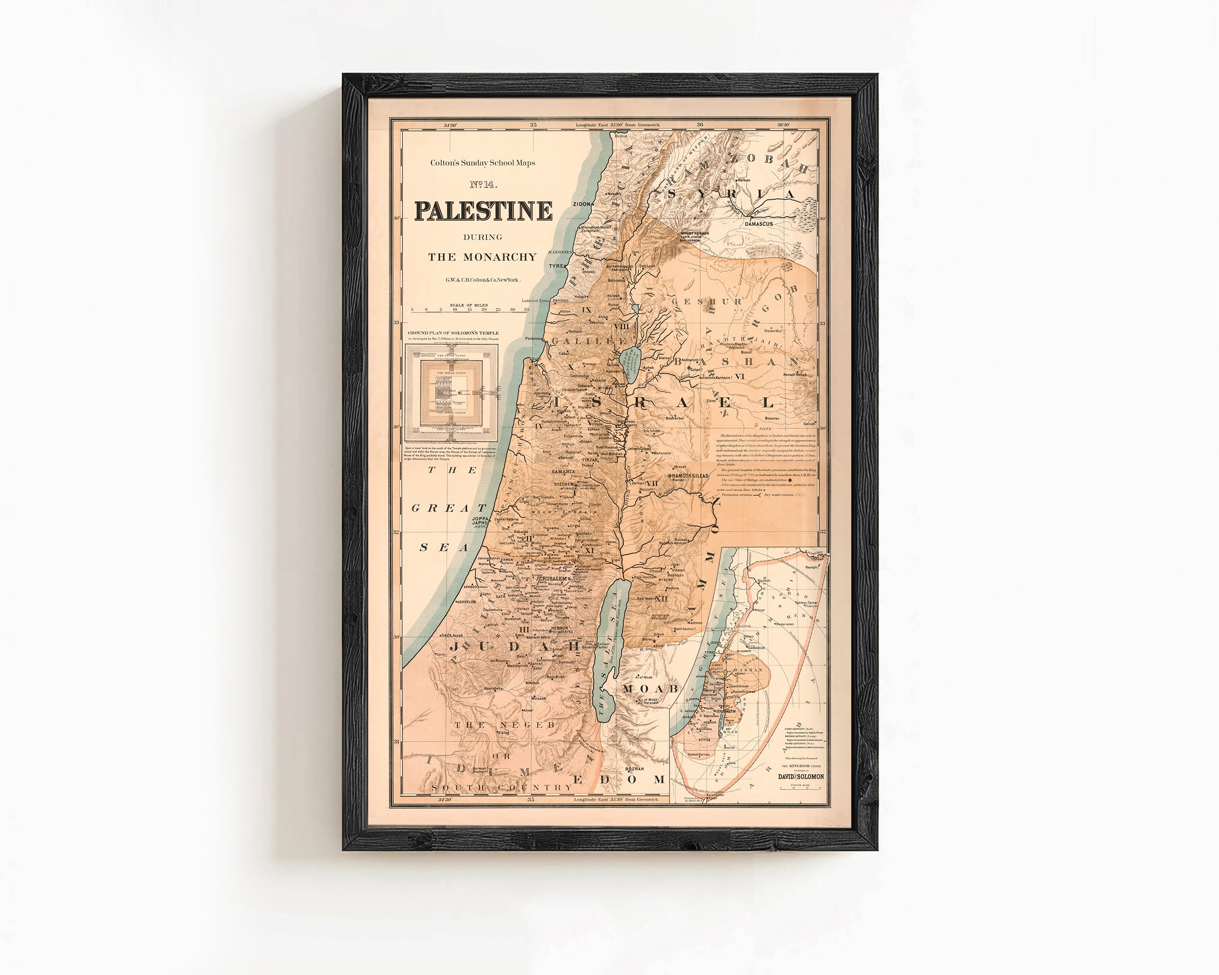The image is a framed vintage map of the Middle East, specifically focusing on the region of Palestine.