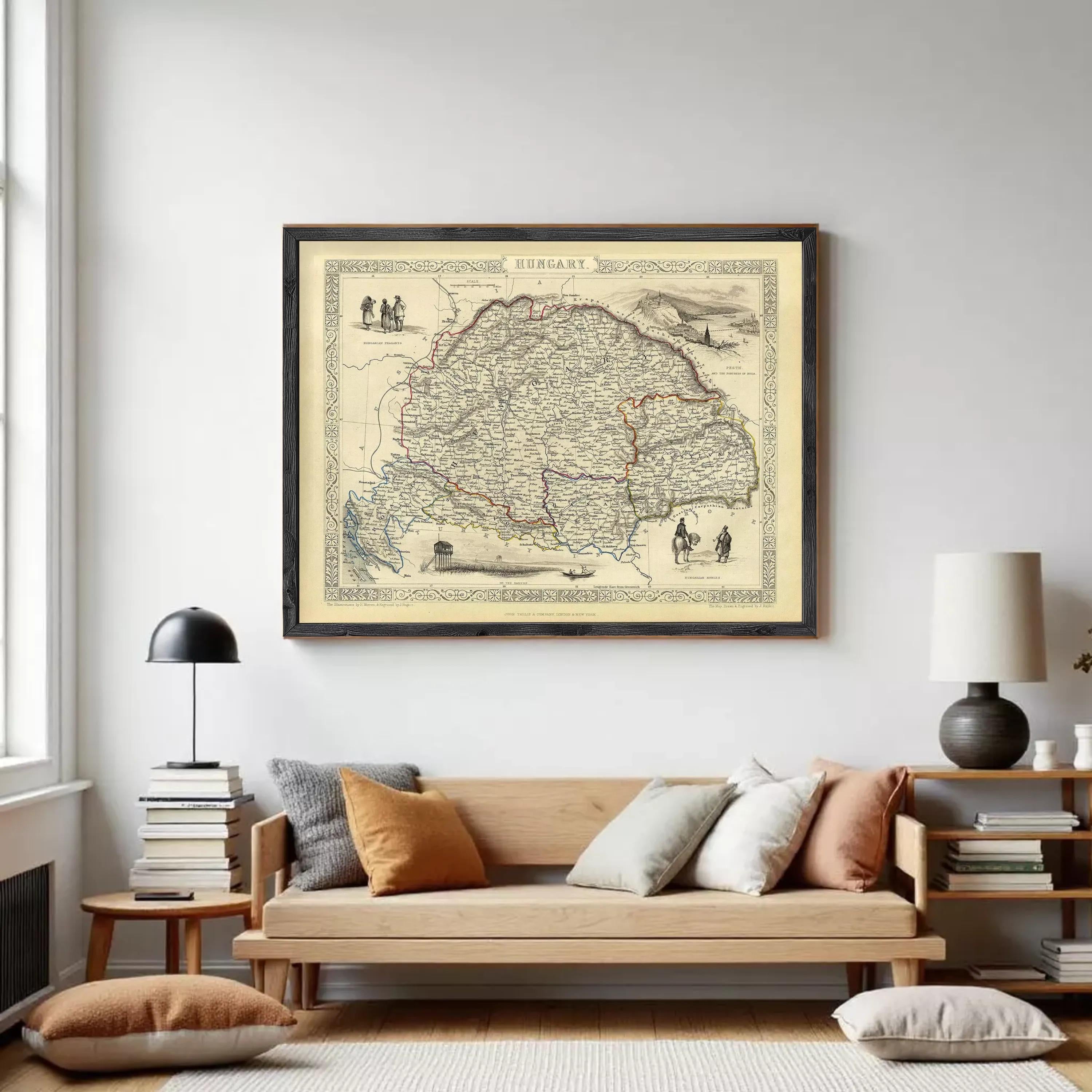 The image is a framed vintage map of Hungary, depicting various landmarks and regions within the country.