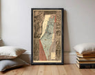 The image is a framed map of Israel, depicting the country's borders, major cities, and geographical features.